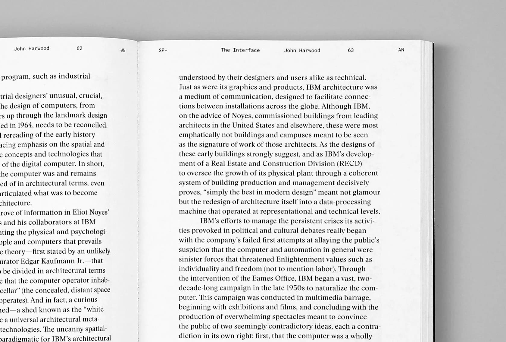Open book showing pages 62-63. Text discusses the architectural history of early computer design at IBM.