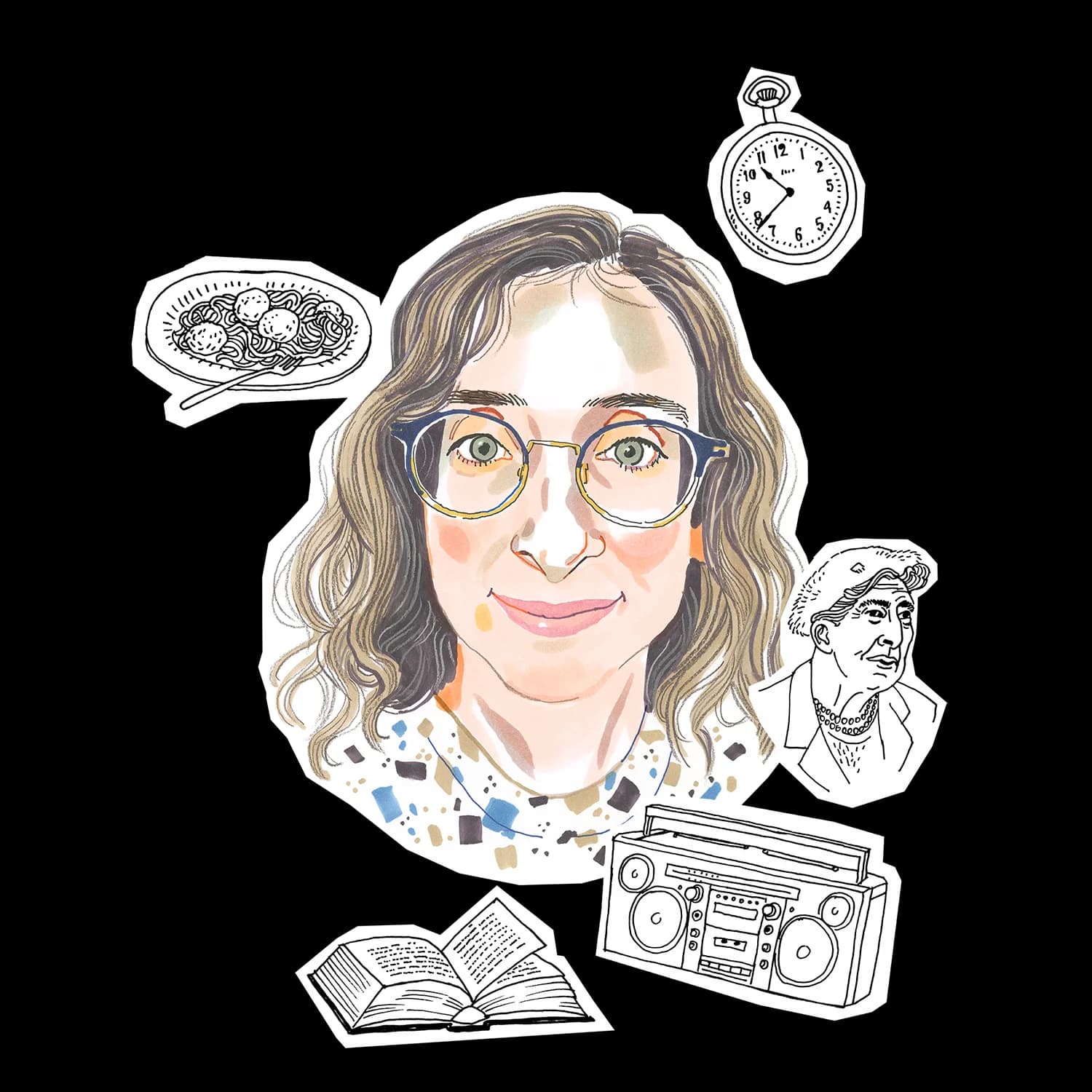 Watercolor portrait of a woman with glasses. Around her, line drawings of spaghetti and meatballs, a stopwatch, an older woman, a boombox, and an open book.