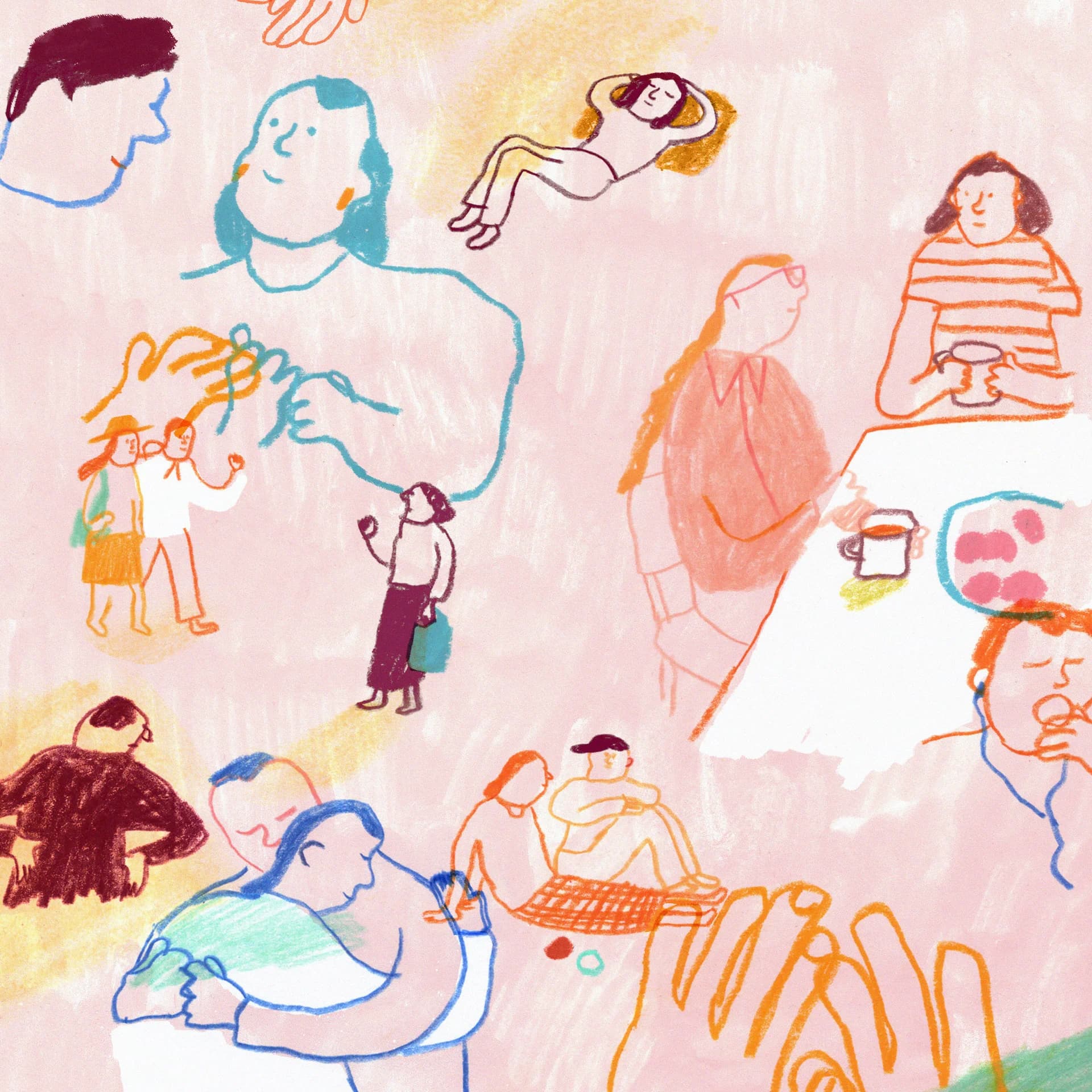 Pastel-colored drawing of people doing various activities: talking, eating, hugging, and relaxing.
