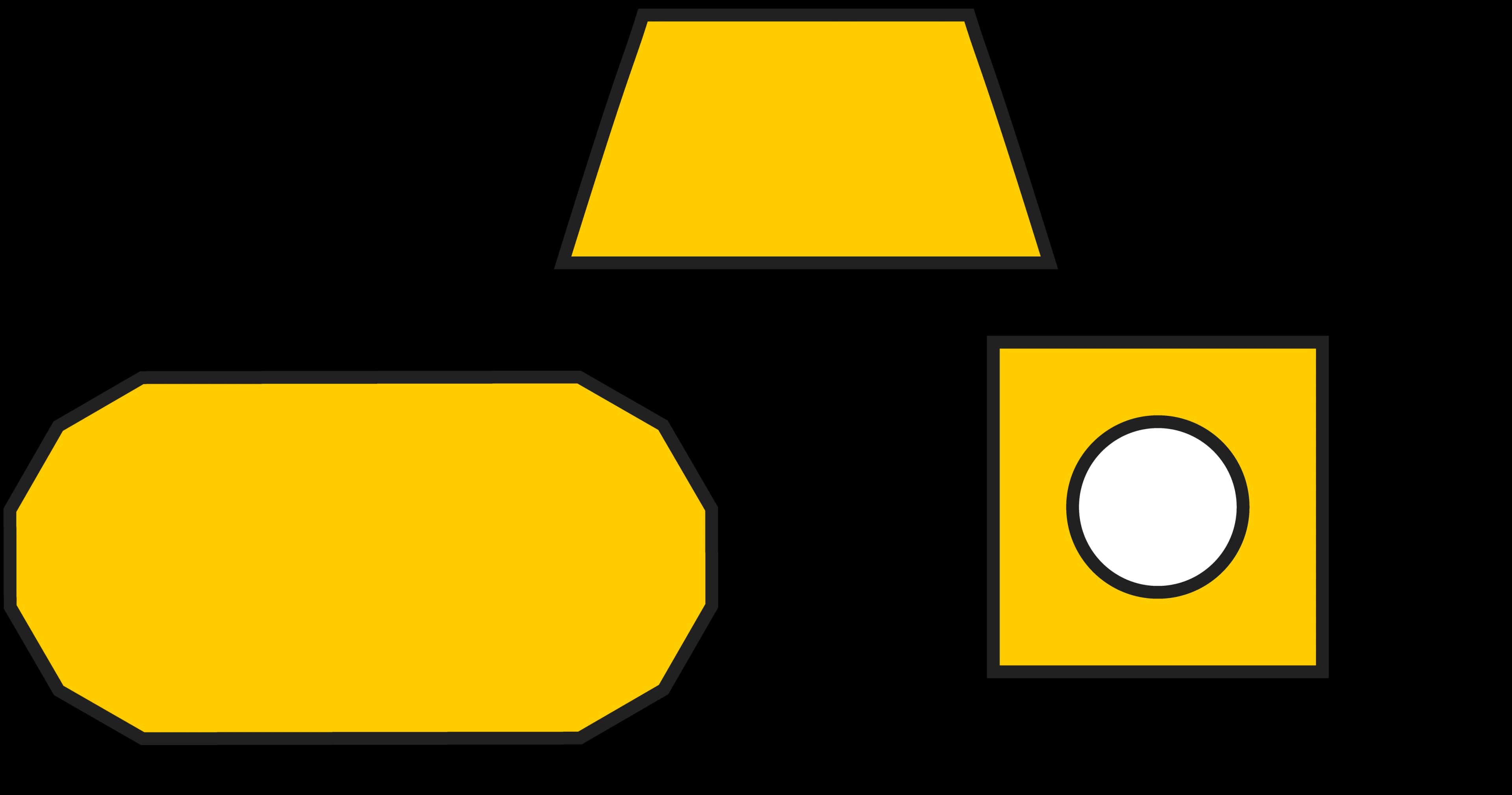 Three gold shapes: a trapezoid, an octagon, and a square with a white circle inside.