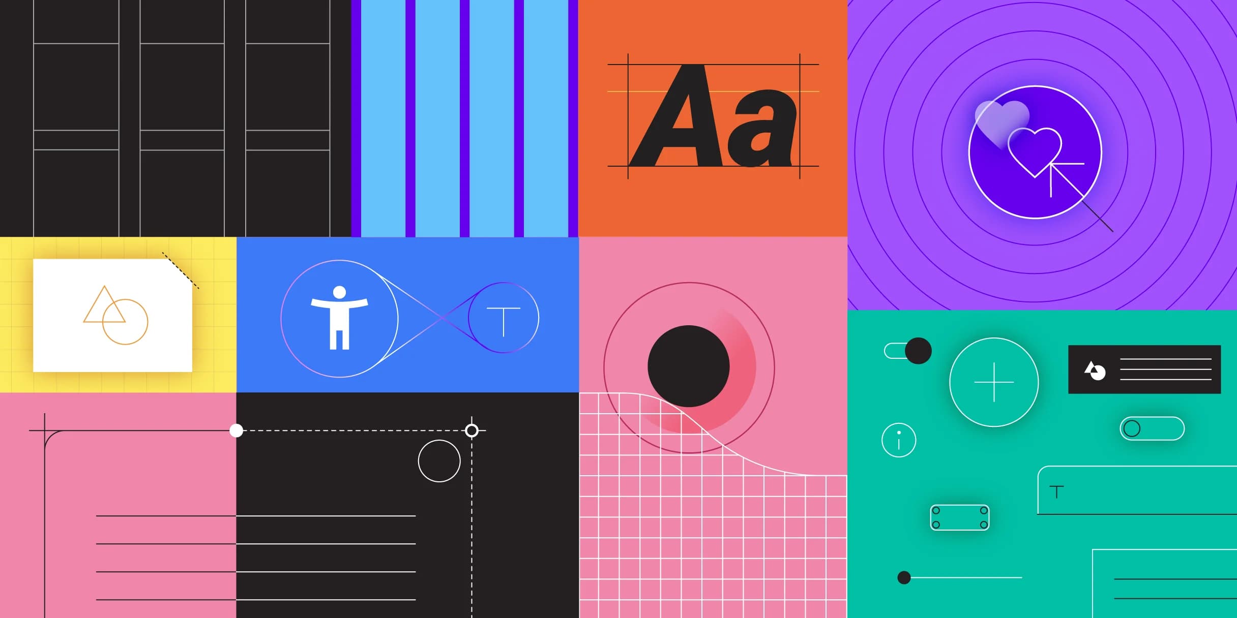 Colorful grid featuring design elements: typography, icons, UI components, geometric shapes, and abstract patterns.