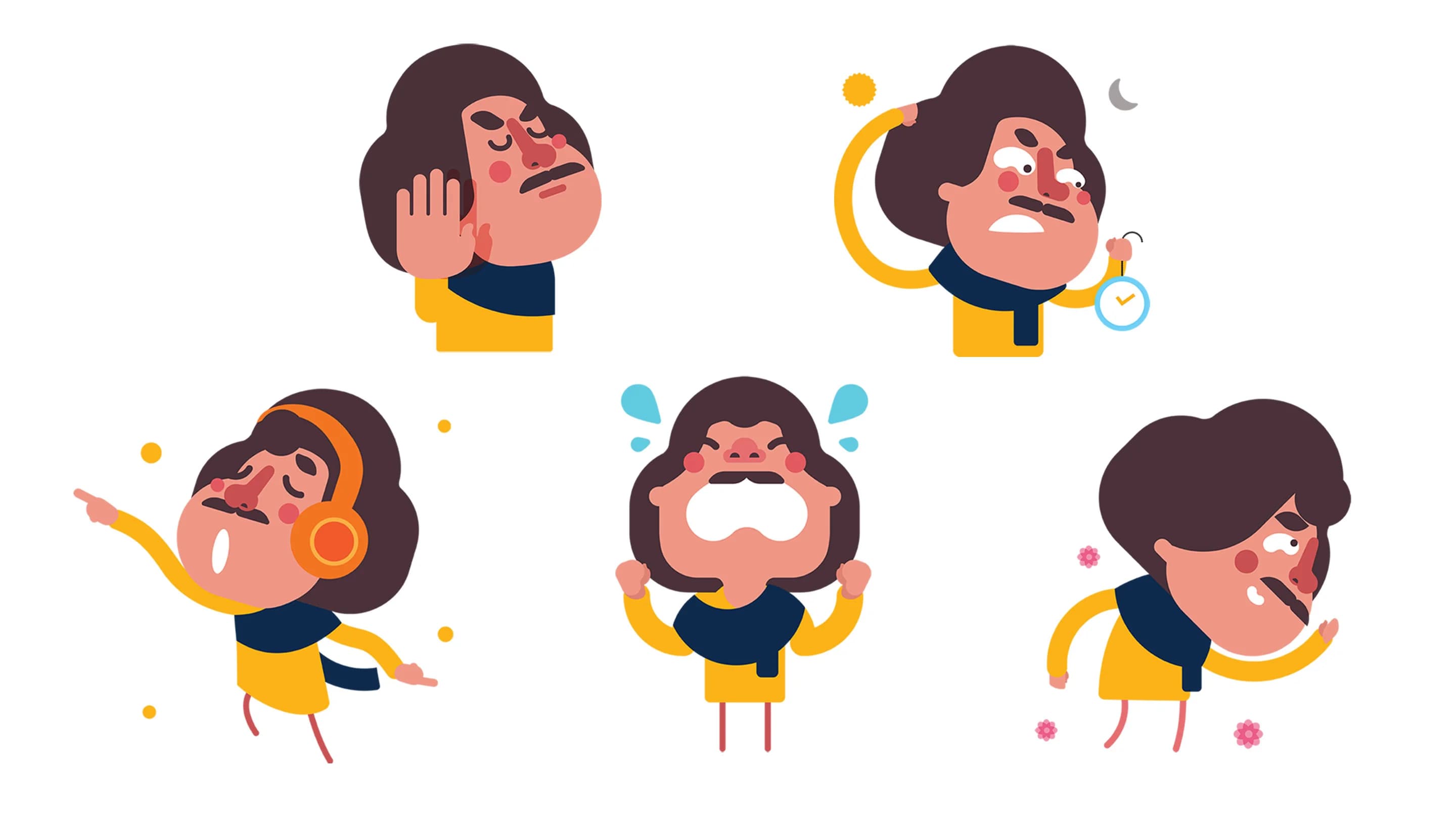 Six cartoon figures express negative emotions: covering ears, stressed, listening to music, crying, angry, and sick.