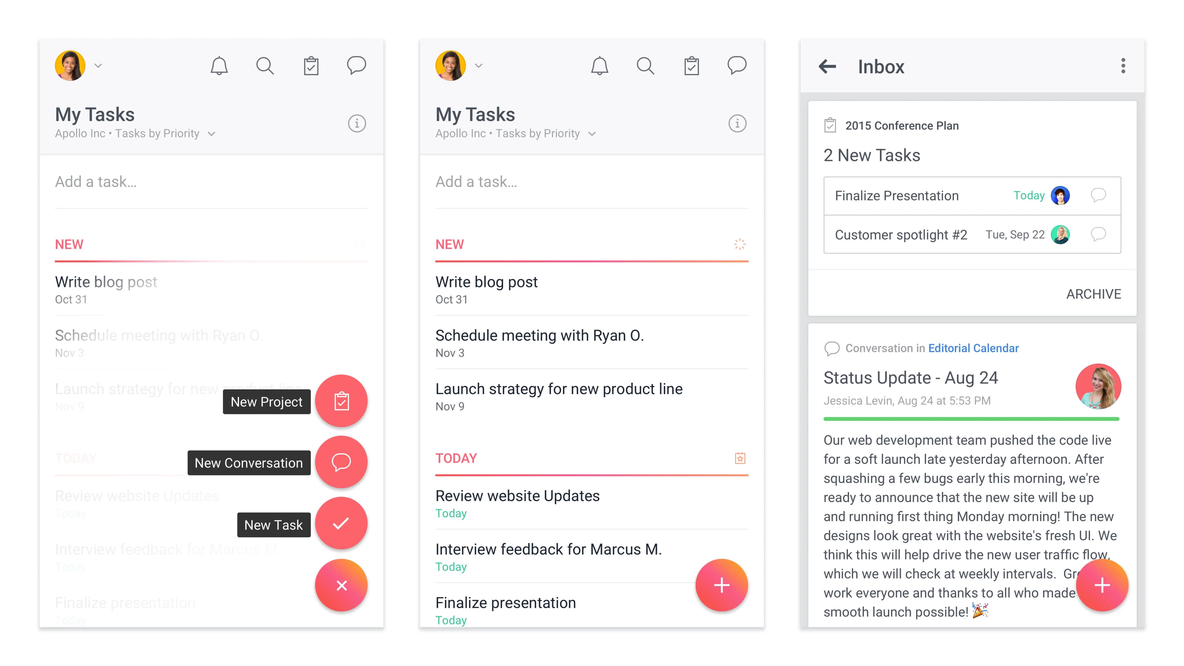 Three panels show a task management and messaging app interface with task lists, inbox messages, and floating action buttons for creating new tasks.