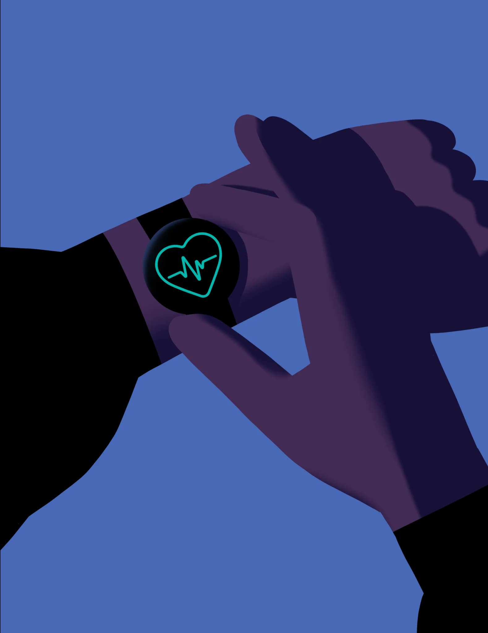 Close-up of a person checking their heart rate on a smartwatch. The watch face displays a teal heart and heartbeat symbol.