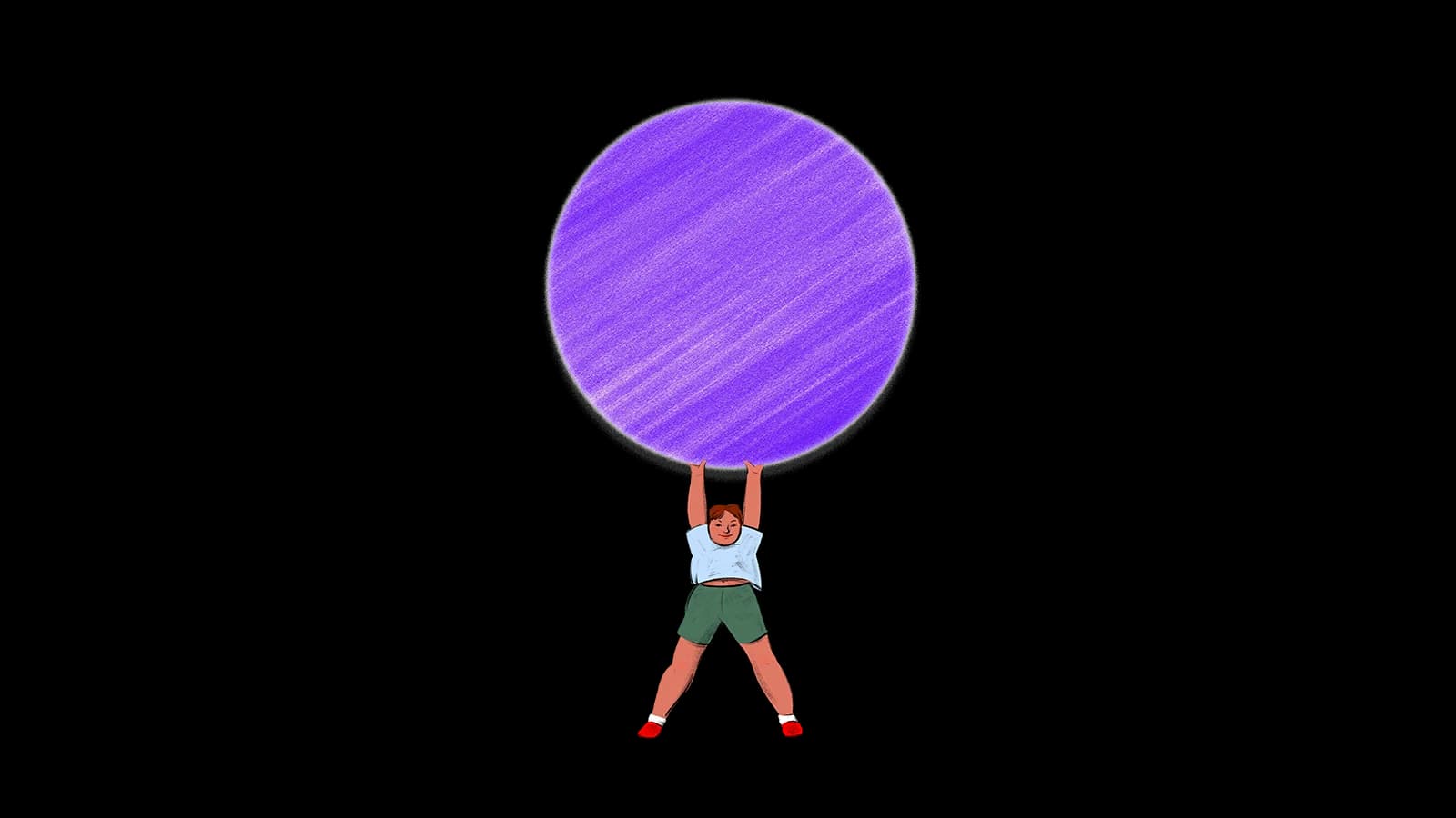 Child with red shoes and green shorts lifts a giant purple circle above their head.
