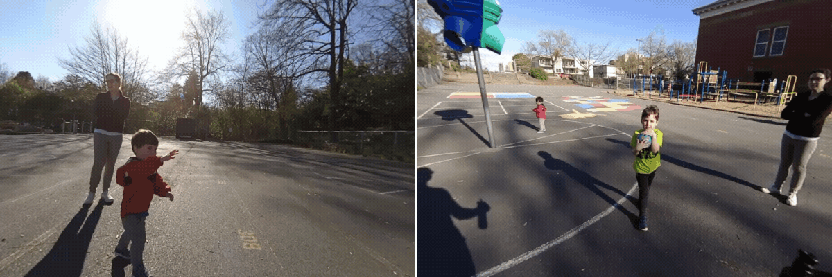Two photos show a child playing outside with an adult.