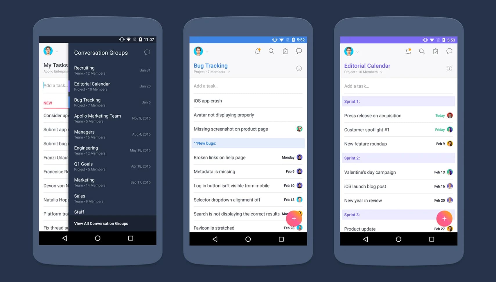Three screens of Asana app display different conversation groups, tasks, and projects. Features include task creation, due dates, and member assignments.