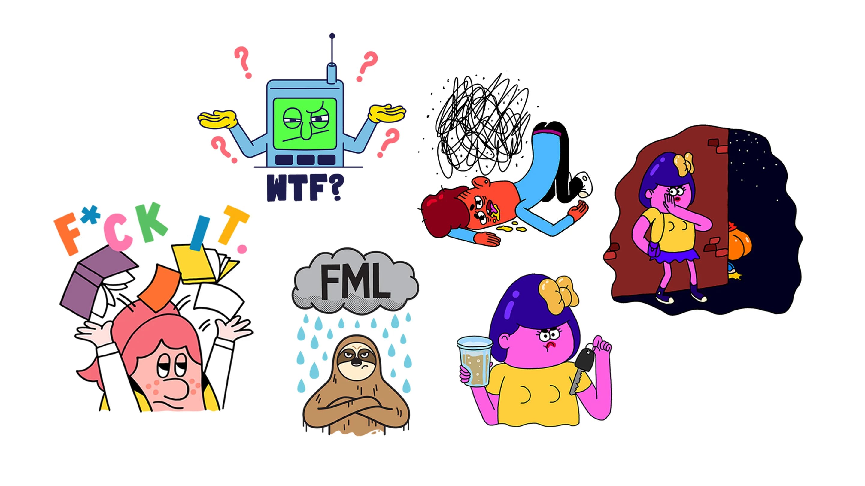 Six colorful, quirky cartoon characters express frustration. A retro computer shrugs. A figure is passed out. Books fly. A sloth sits under rain.