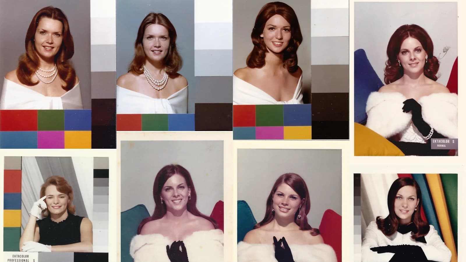 Eight photos of the same woman in various outfits and poses. Each photo includes a color calibration chart.