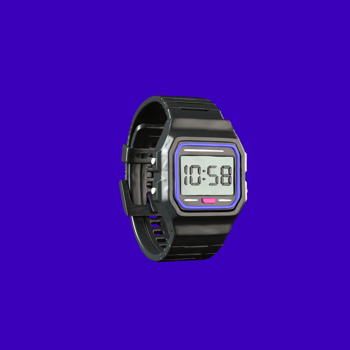 Black digital watch with blue and pink accents.