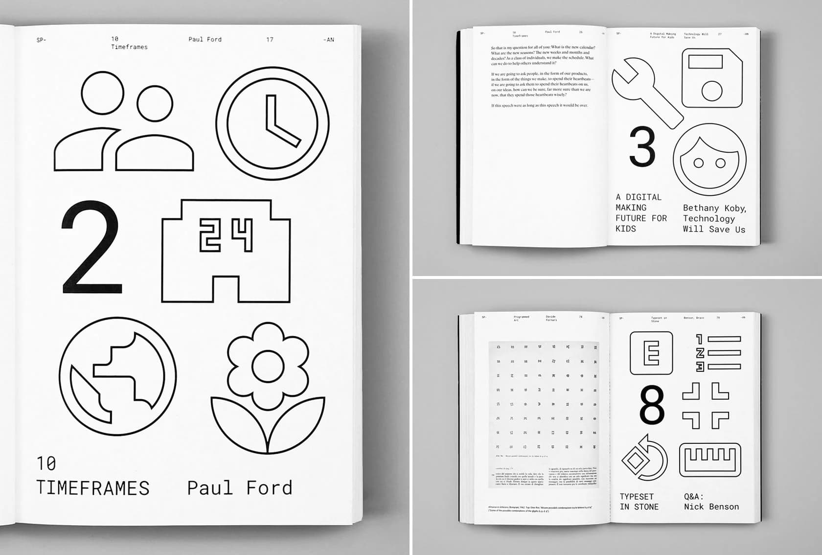 Spread of SPAN book showing large black icons and text. Icons include a clock, flower, and number "2."