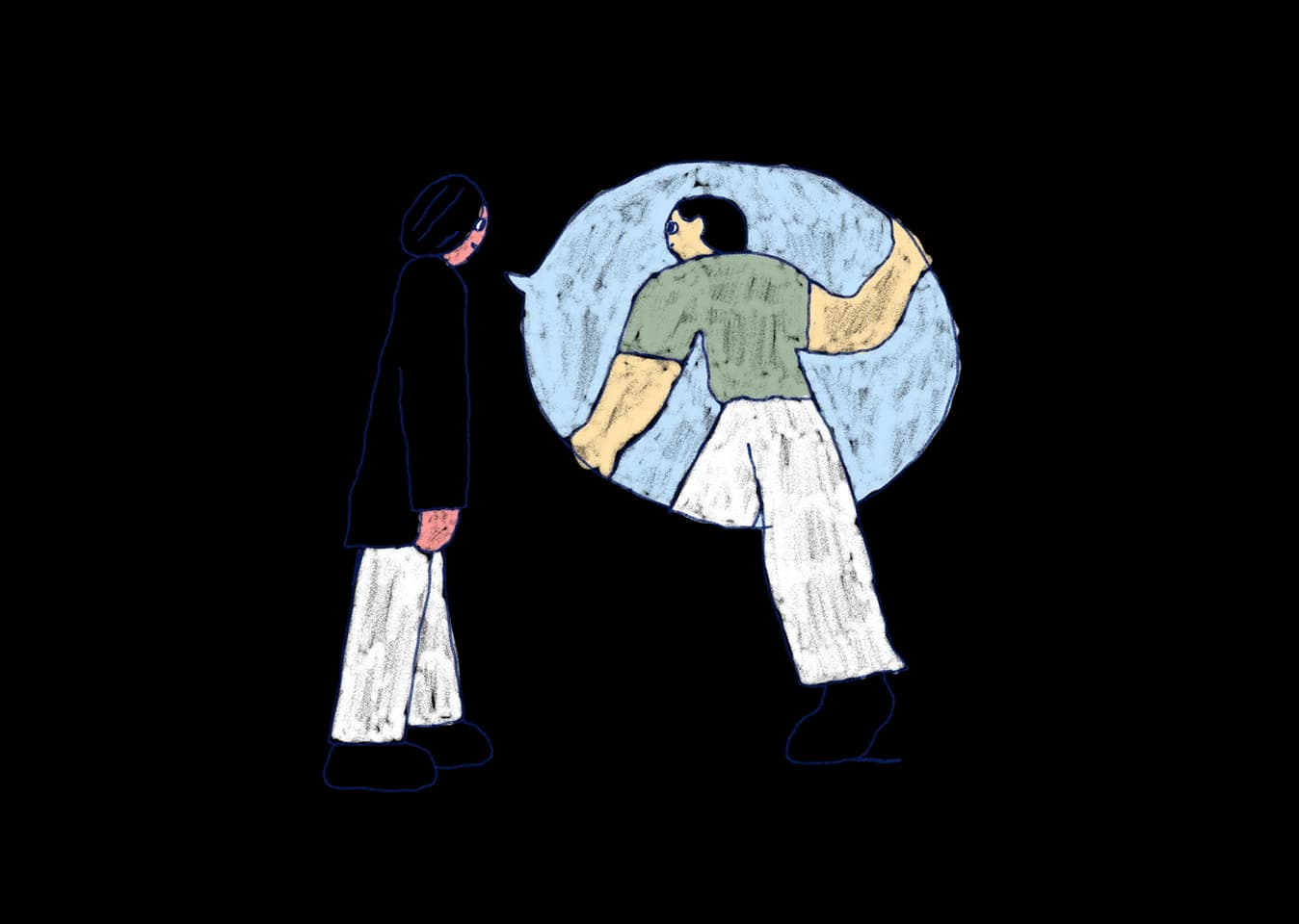 A person imagines their confident self in a thought bubble. The real self is smaller and more reserved.