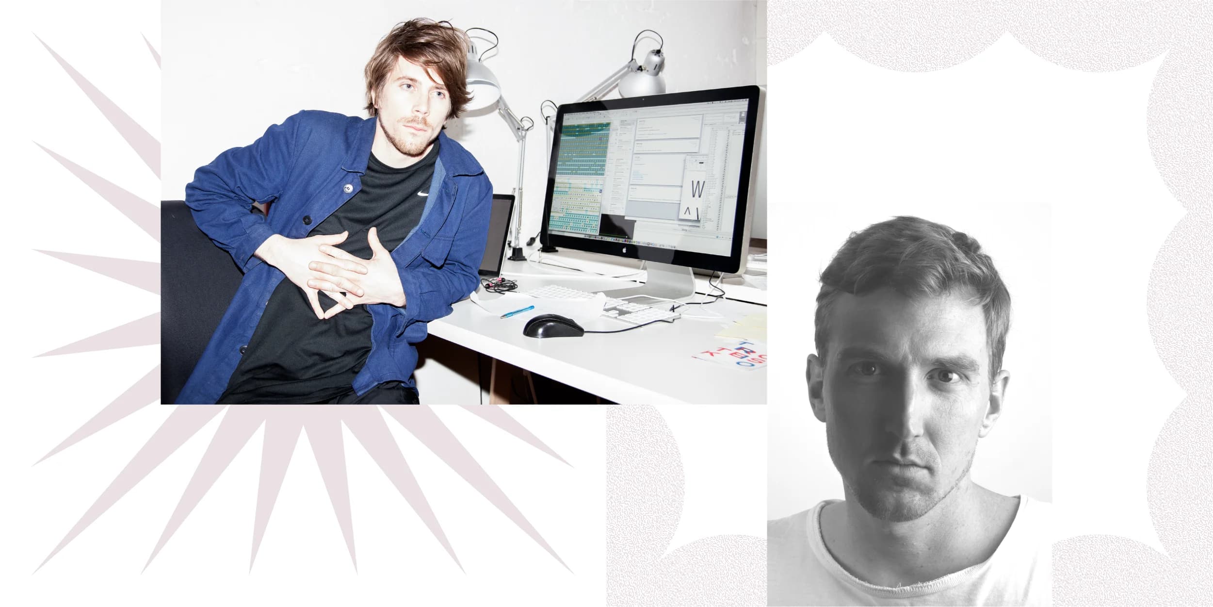 Man sits at his desk in a blue shirt, facing a computer monitor. On the right, black and white headshot of another man.