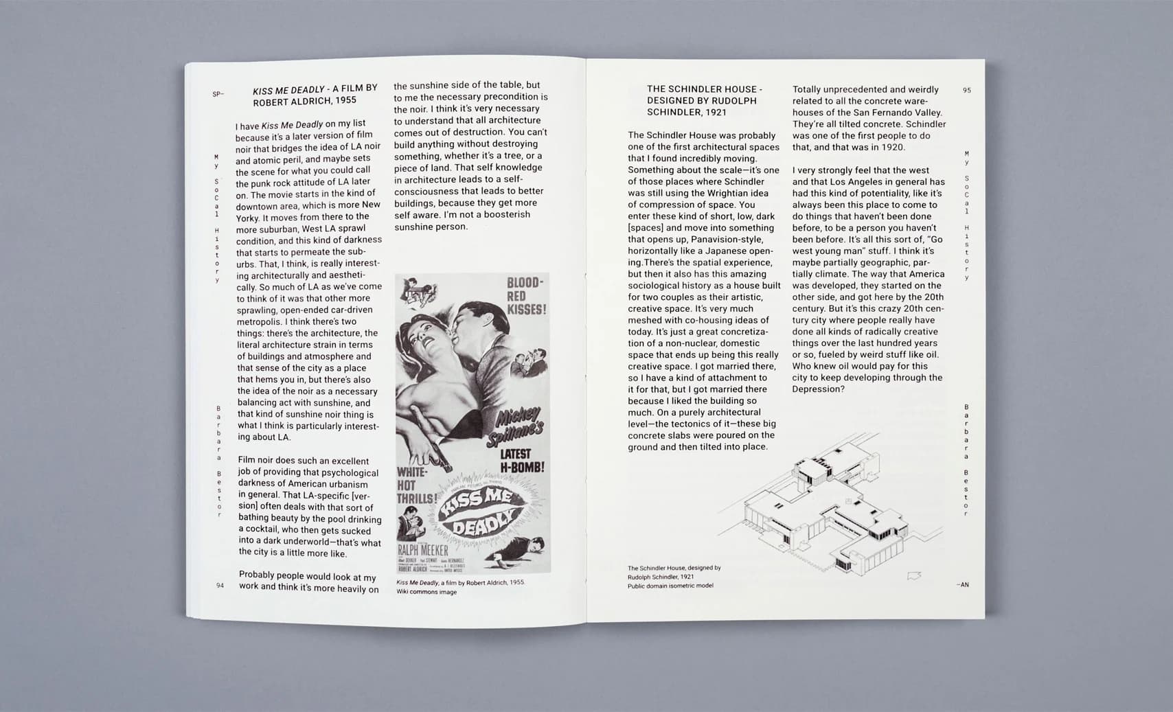 A spread from a book shows movie poster for "Kiss Me Deadly," a film noir set in LA, and an isometric model of the Schindler House.
