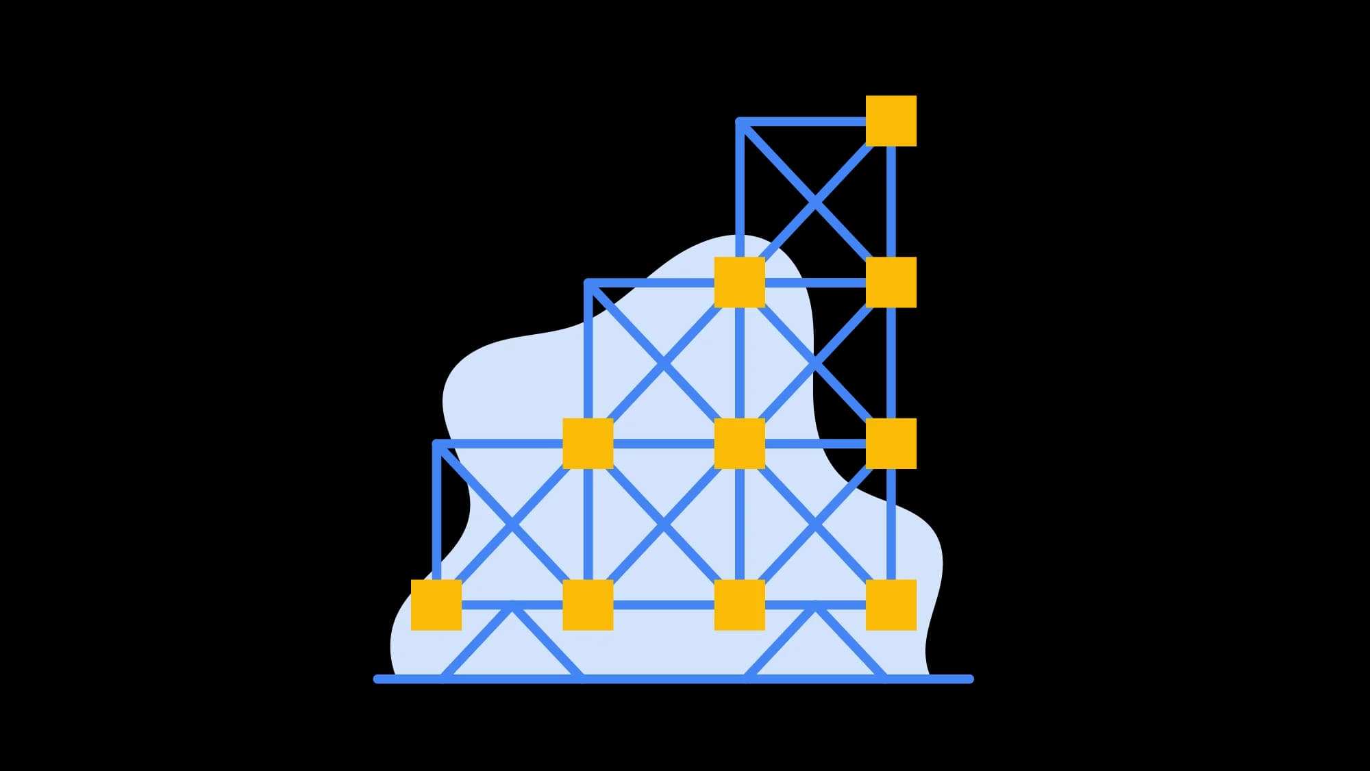 Blue scaffolding rises in three stepped tiers. Yellow cubes mark joints, suggesting construction or growth.