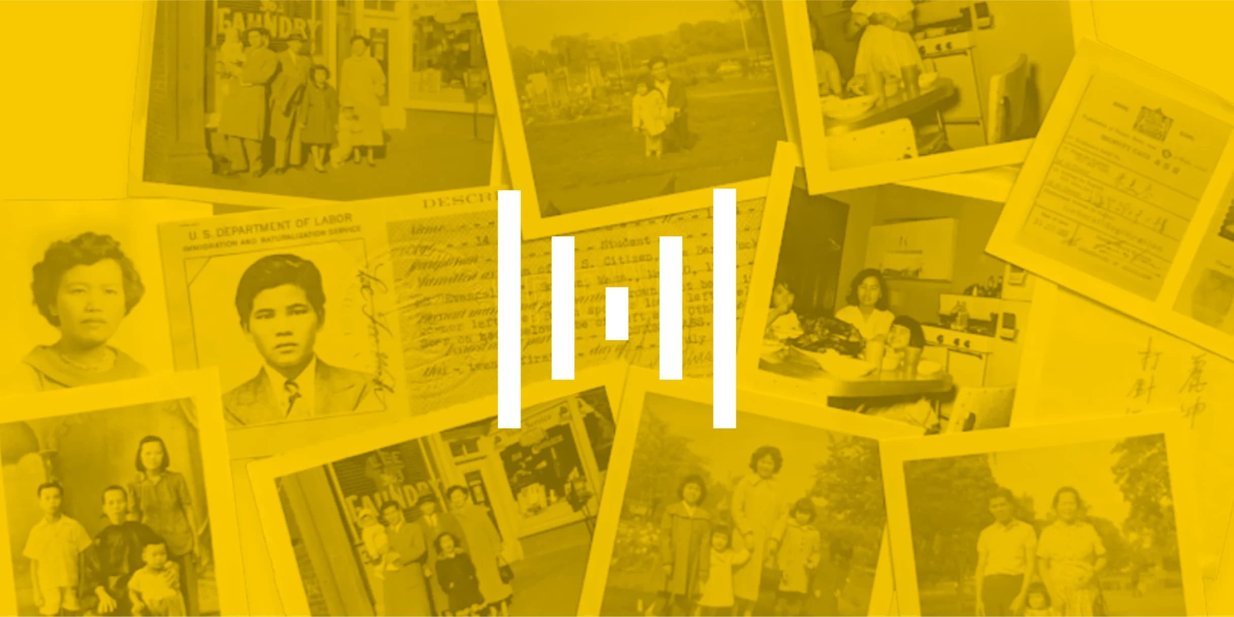 Yellow-tinted collage of vintage family photos, including portraits and snapshots, overlaid with immigration documents.