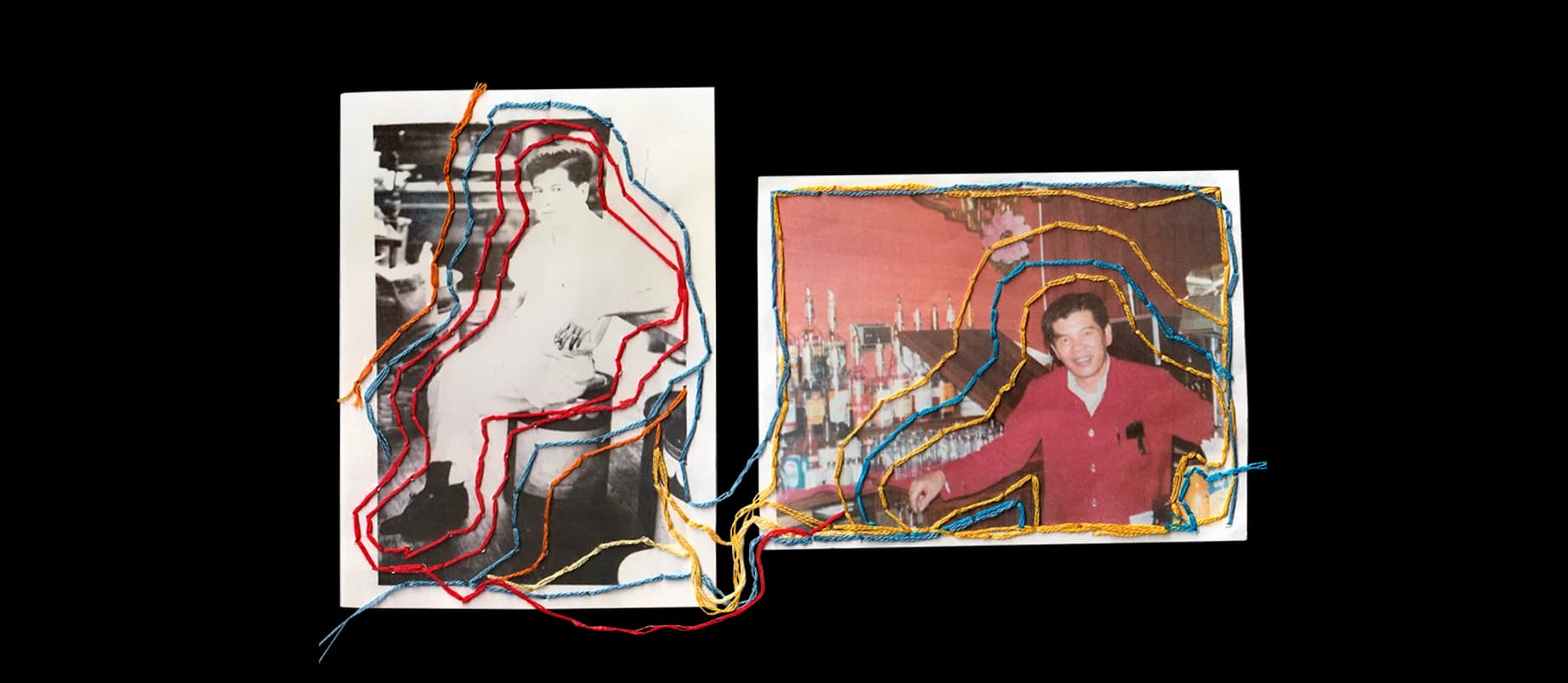 Two faded photos connected by embroidery thread. One shows a seated person, the other a man behind a bar. Both are outlined with colorful stitching.