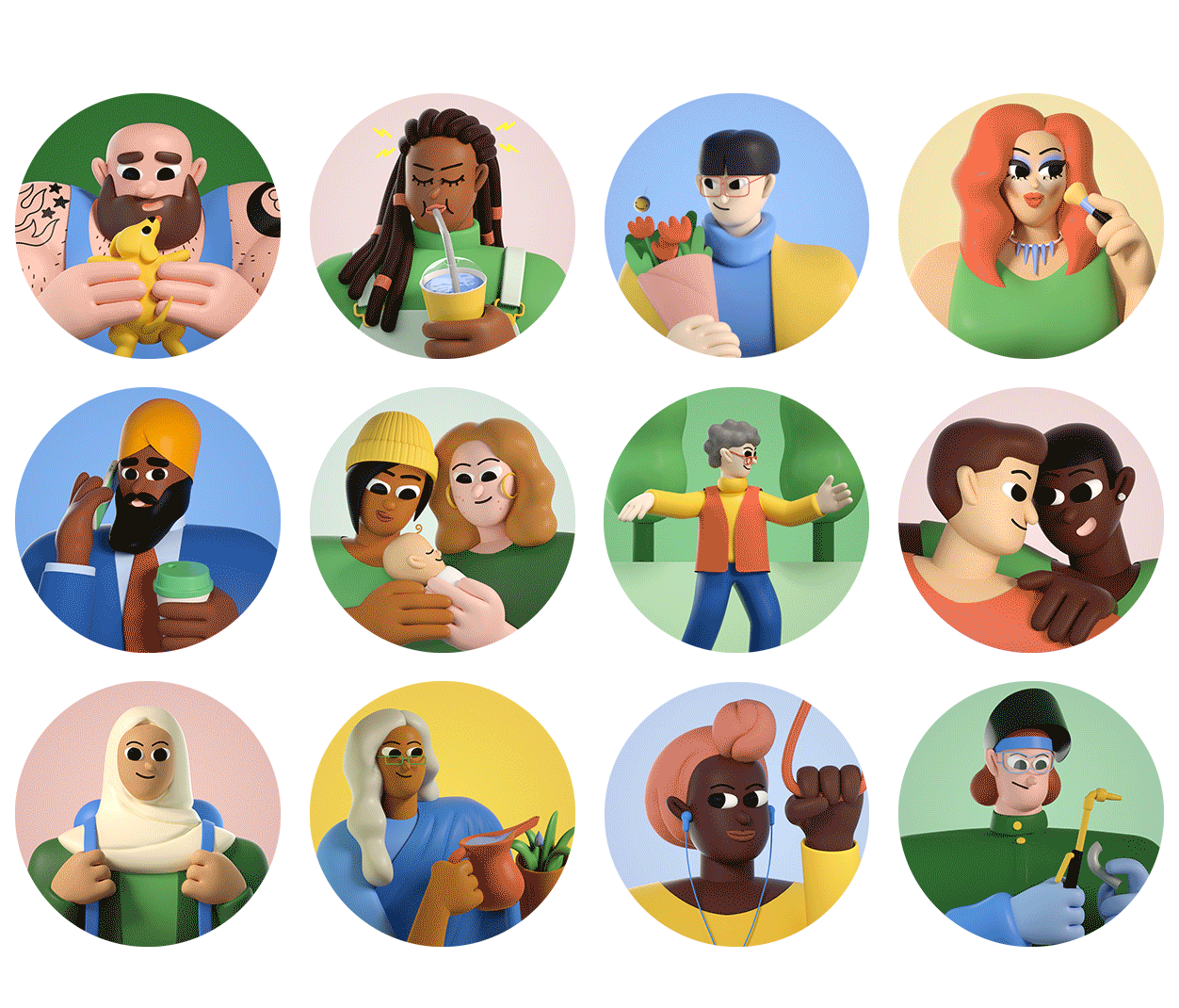 Twelve colorful circles each depict a 3D illustrated person of diverse backgrounds enjoying hobbies and everyday life.