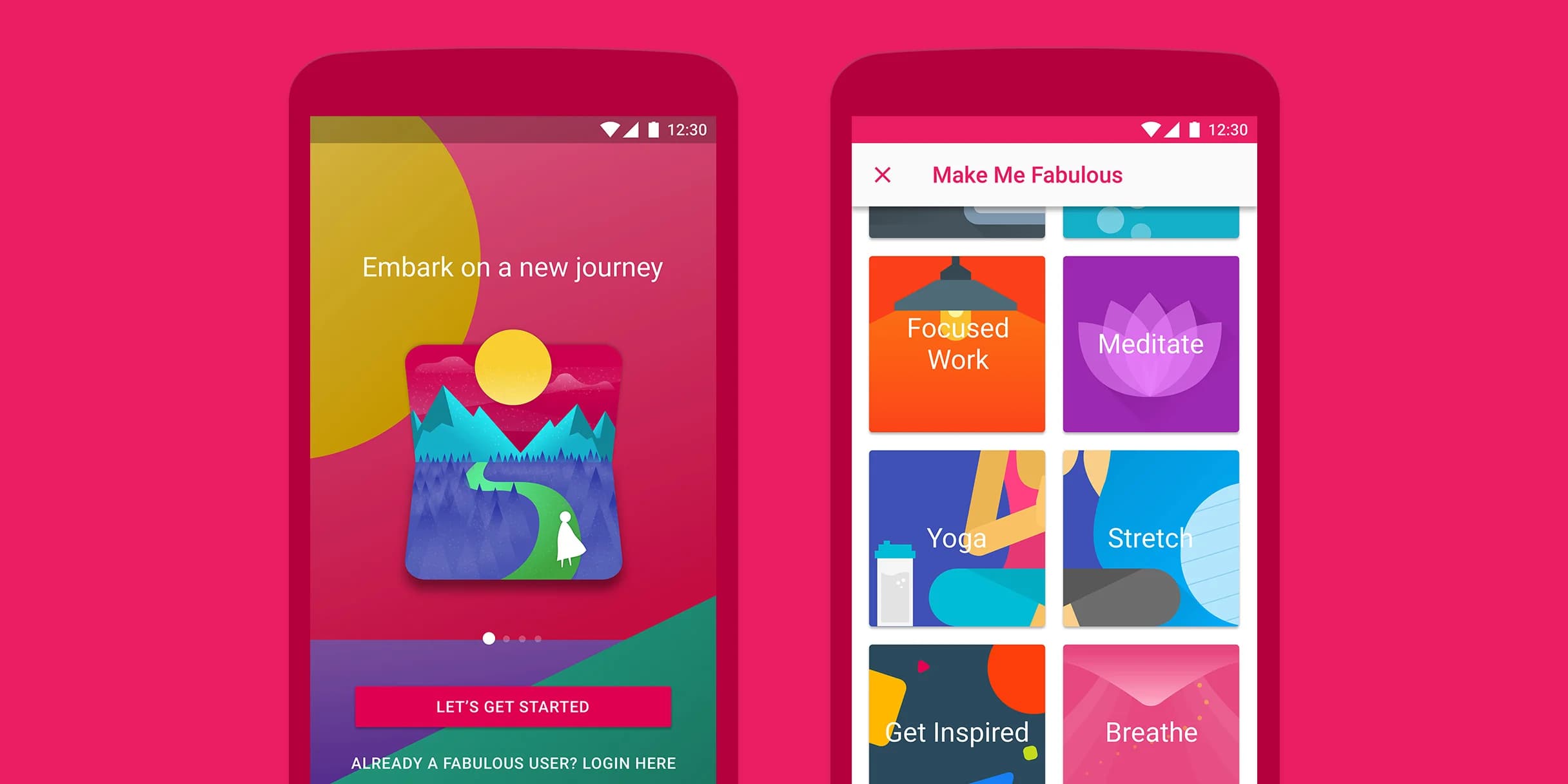 Two screens from the Fabulous app. The first shows the welcome screen. The second shows activity options: Focused Work, Meditate, Yoga, Stretch, Get Inspired, and Breathe.
