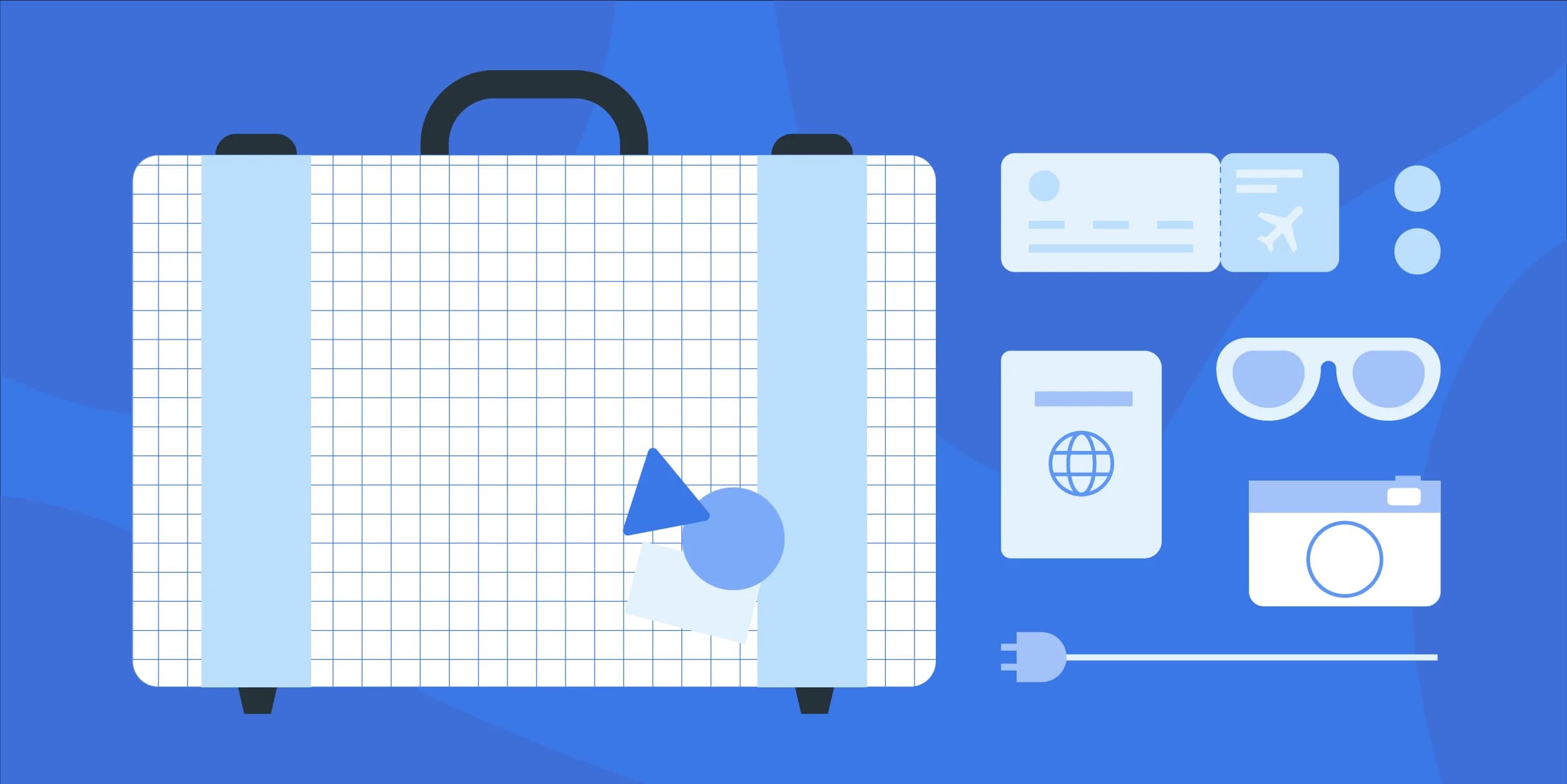 White gridded suitcase with geometric stickers. Travel essentials—passport, tickets, camera, sunglasses, and power adapter—float on a blue background.
