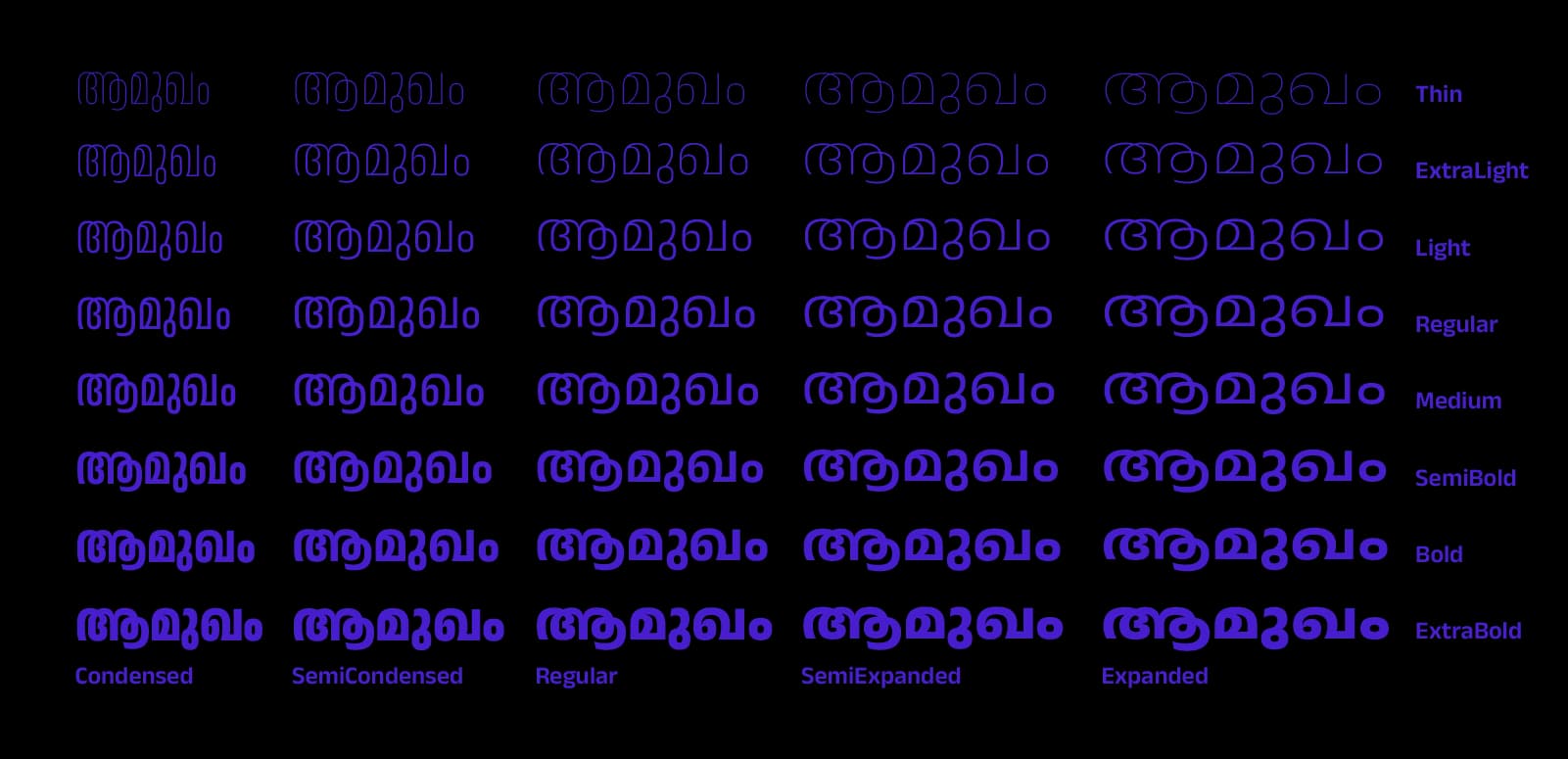 Malayalam script sample text "ആമുഖം" (introduction) in various weights, widths, and styles.