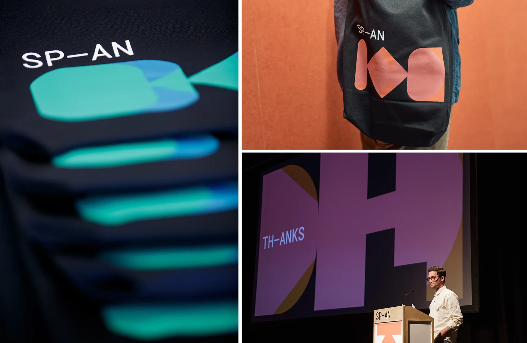 SP-AN branding on t-shirts, tote bag, and projected on screen at an event. A man stands at a podium below the screen.