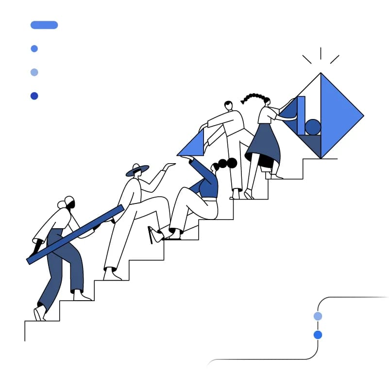 People ascend stairs, collaboratively building a geometric structure.