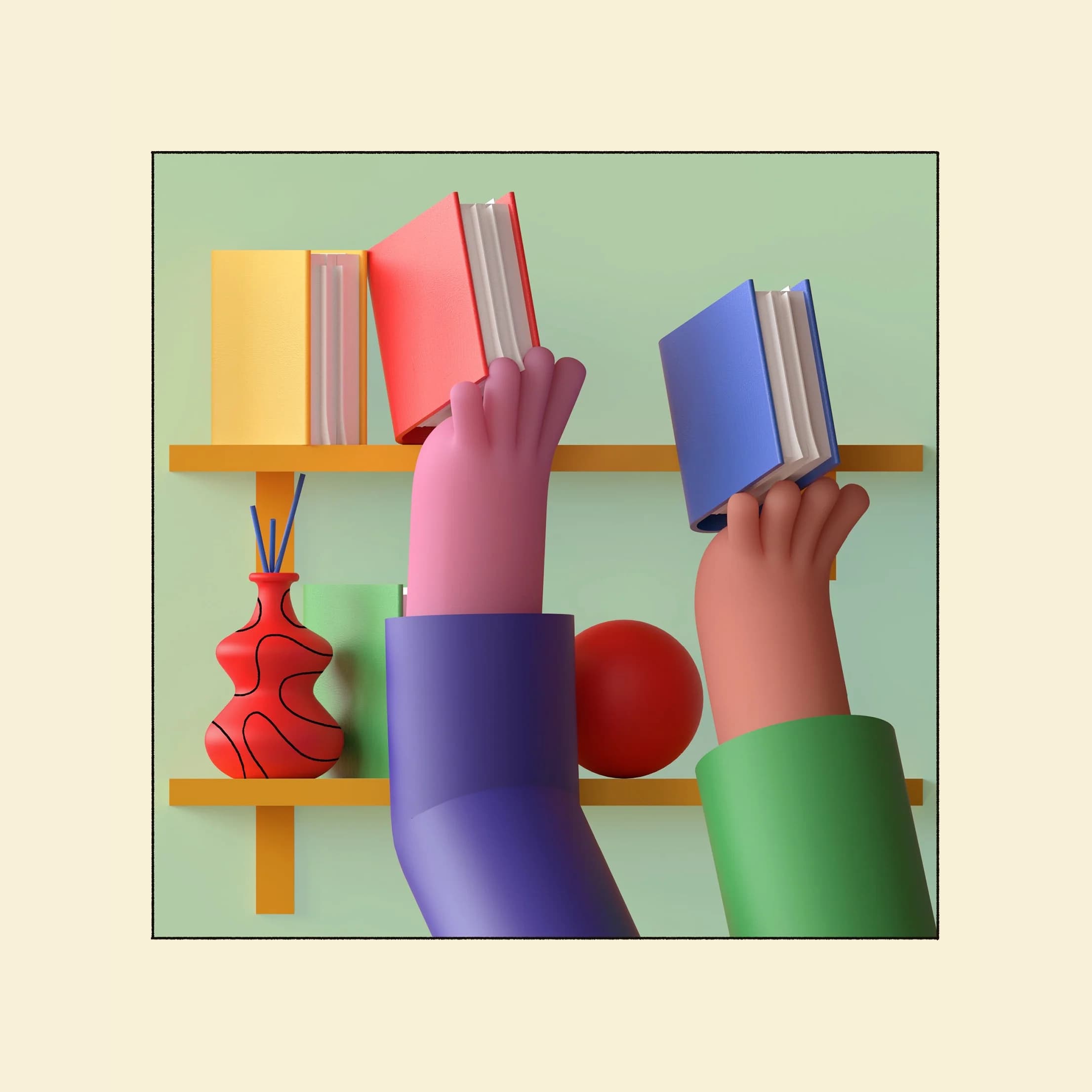 Two cartoon hands grab books from a shelf.