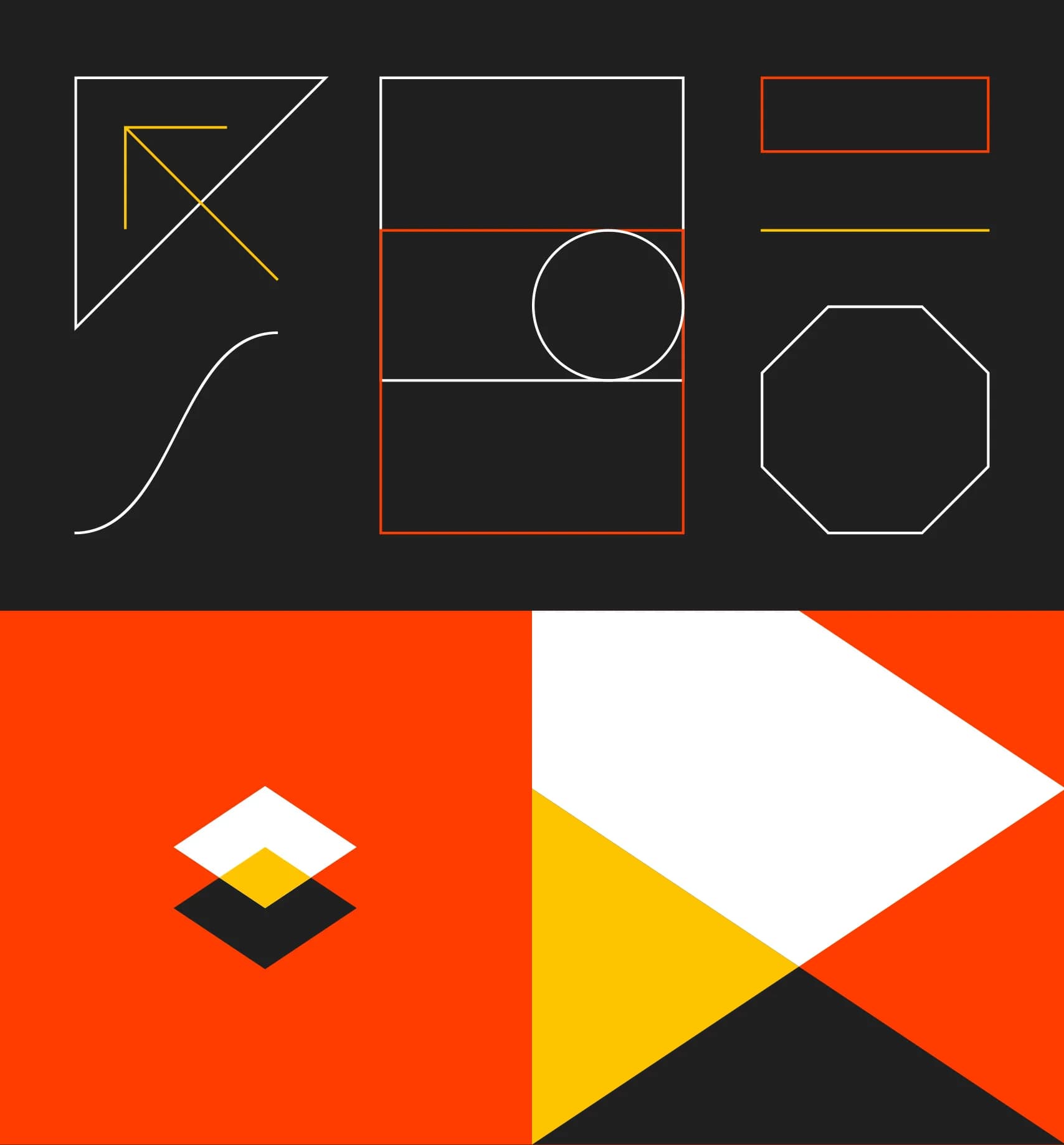 Geometric shapes in white, orange, and yellow create a modern, abstract design on a dark gray and orange background.