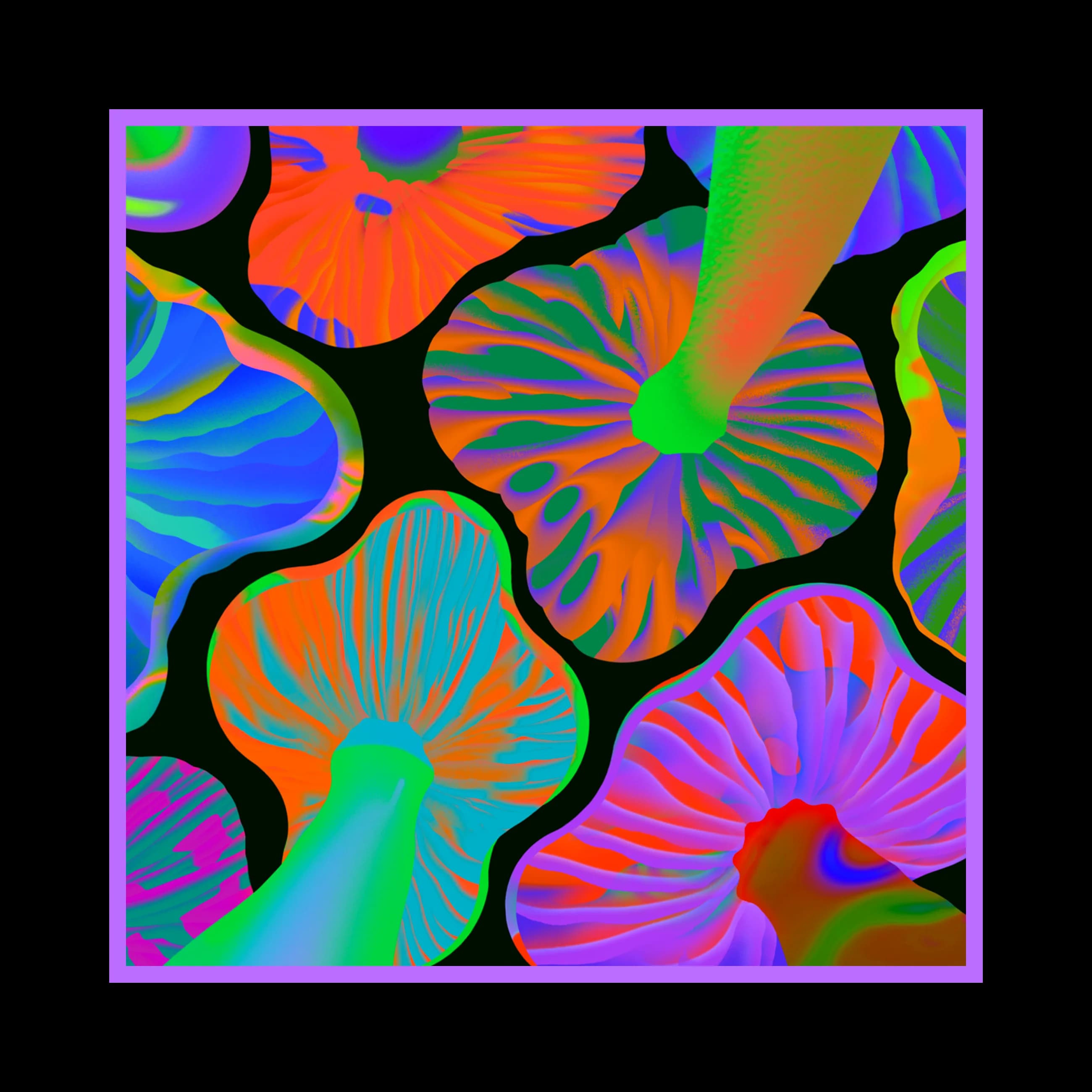 Vivid, colorful mushrooms with orange, green, blue, and purple hues cluster together against a black background, creating a psychedelic effect.
