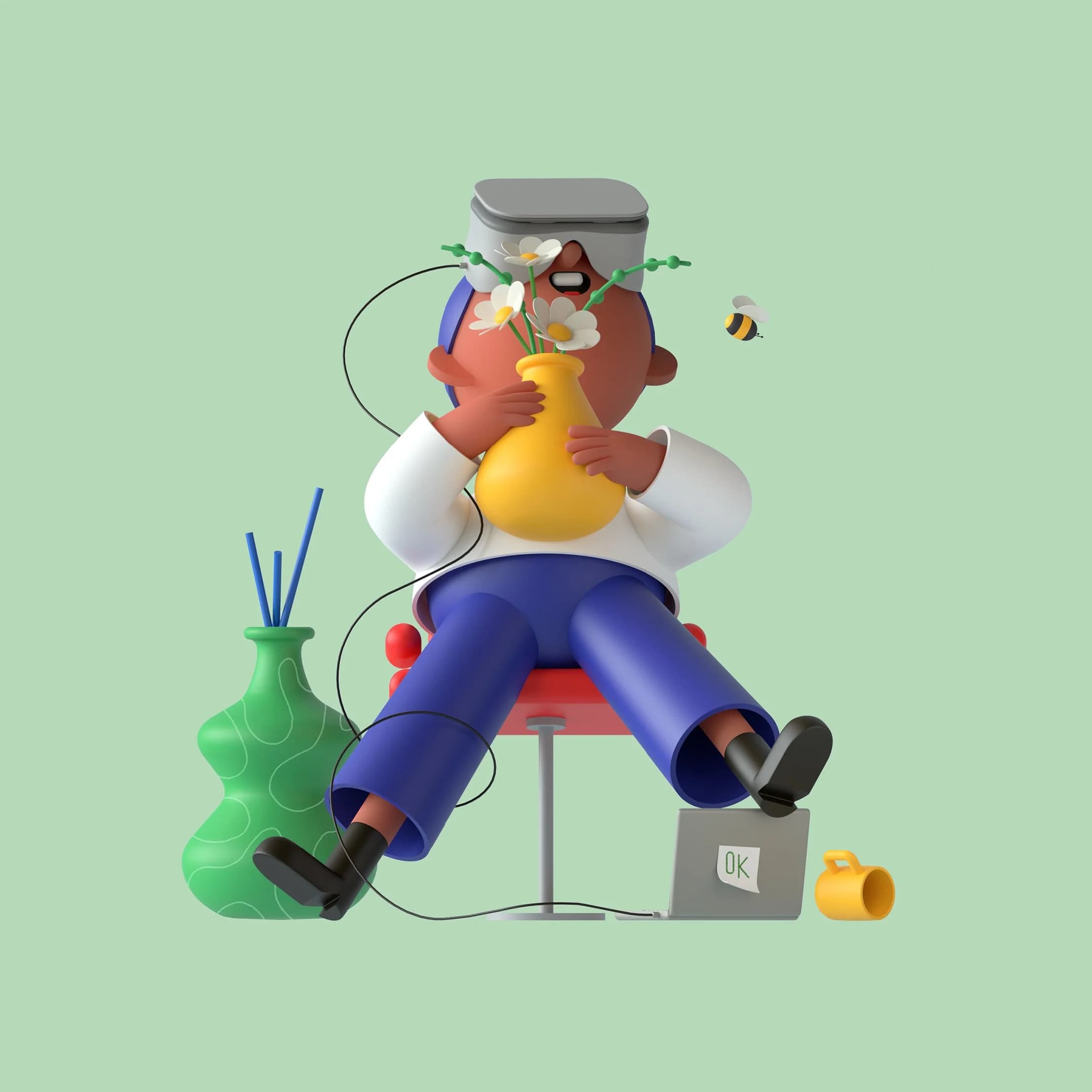 3D person wearing a VR headset smells flowers in a yellow vase.