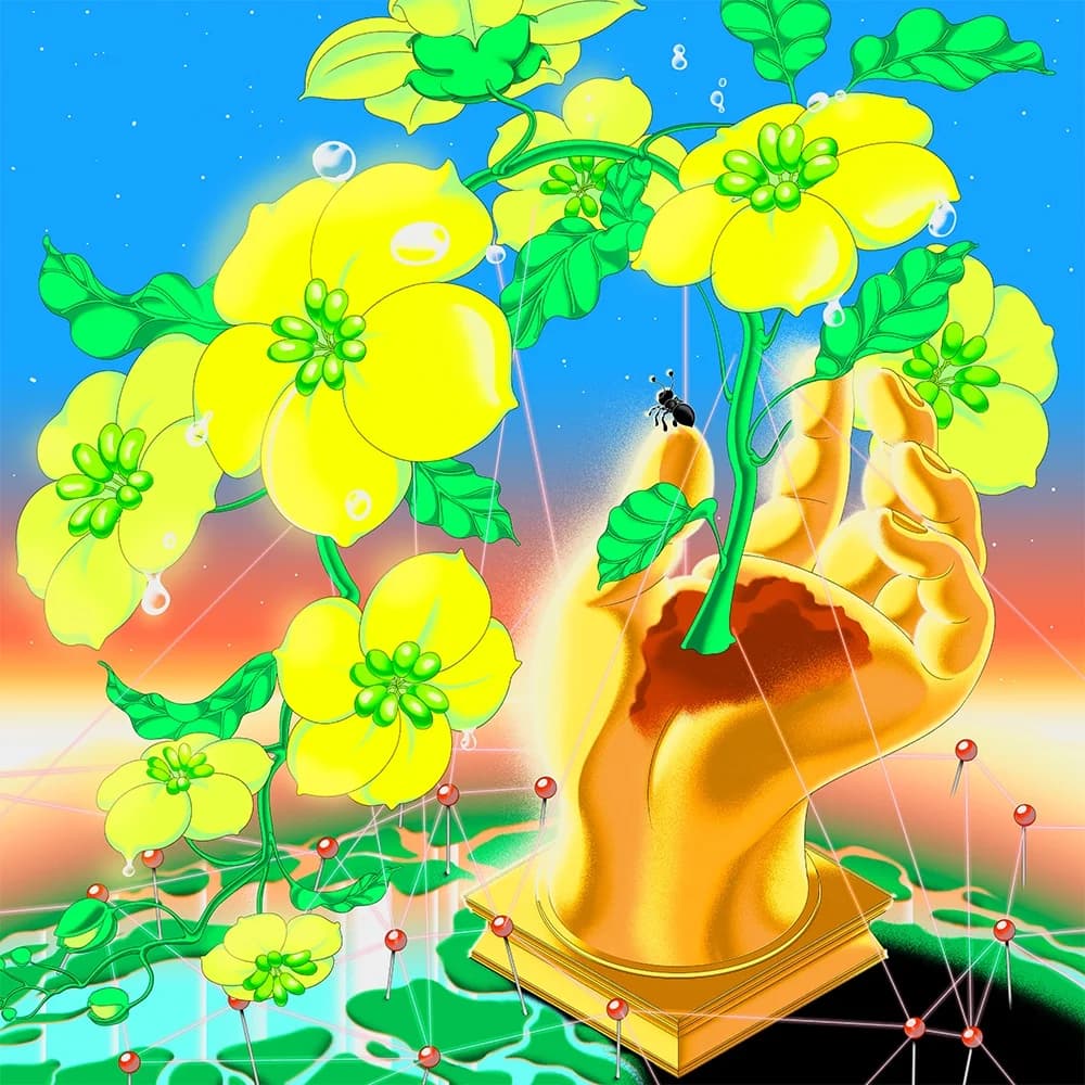 Yellow flowers, connected by thin lines, bloom from a golden hand planted in a map marked with pushpins.