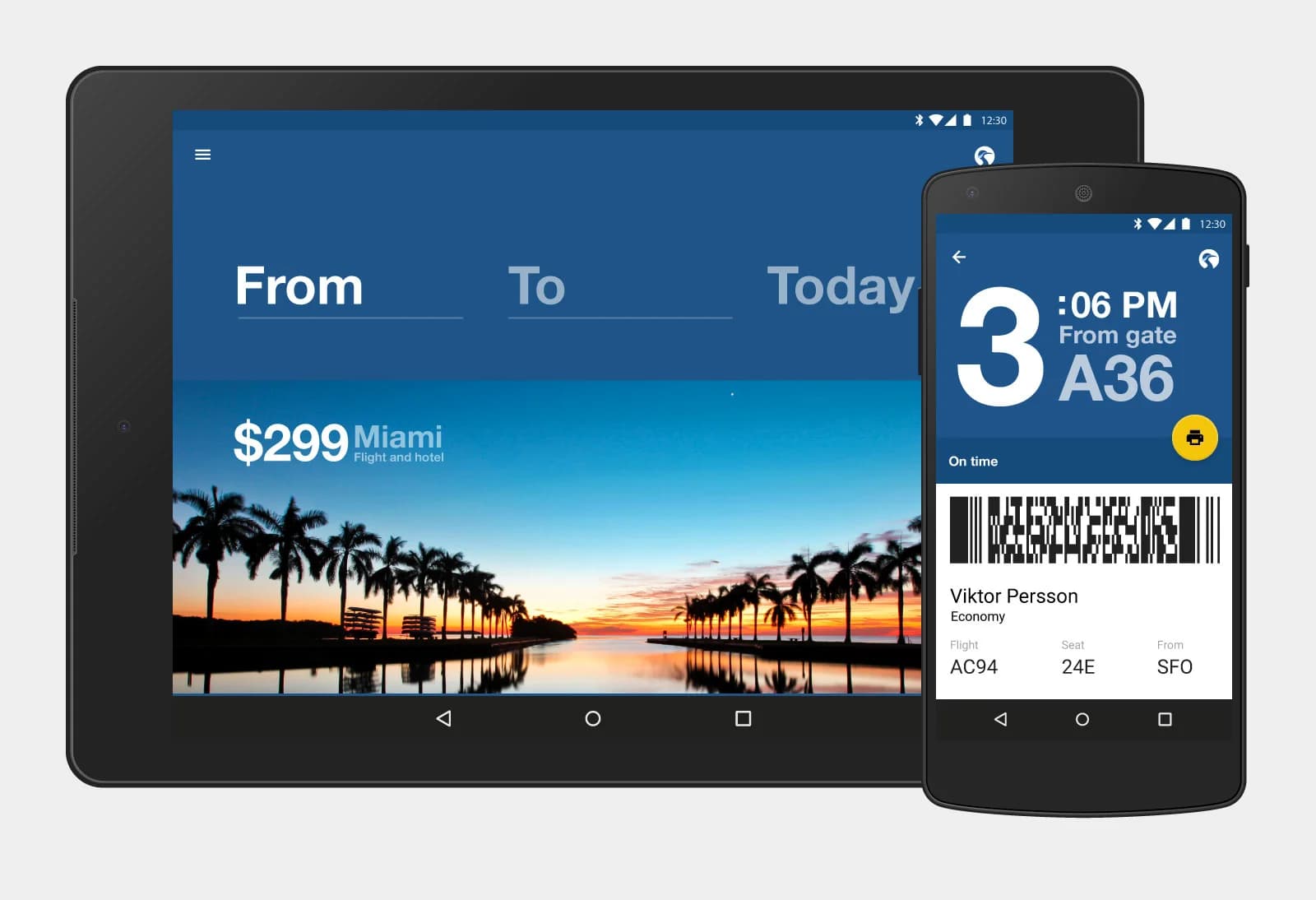 Tablet & phone display travel app. Tablet shows Miami trip for $299. Phone displays boarding pass.