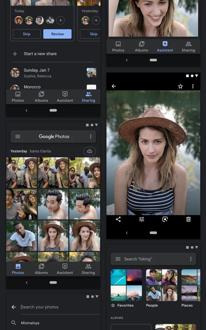 Screenshots of the Google Photos app show photo sharing options, image viewing, photo grid view, and search capabilities.