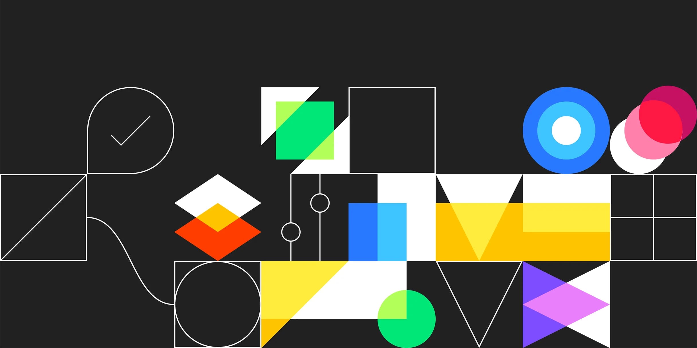Geometric shapes in various colors and sizes arranged on a black background. White lines and circles overlay some shapes.