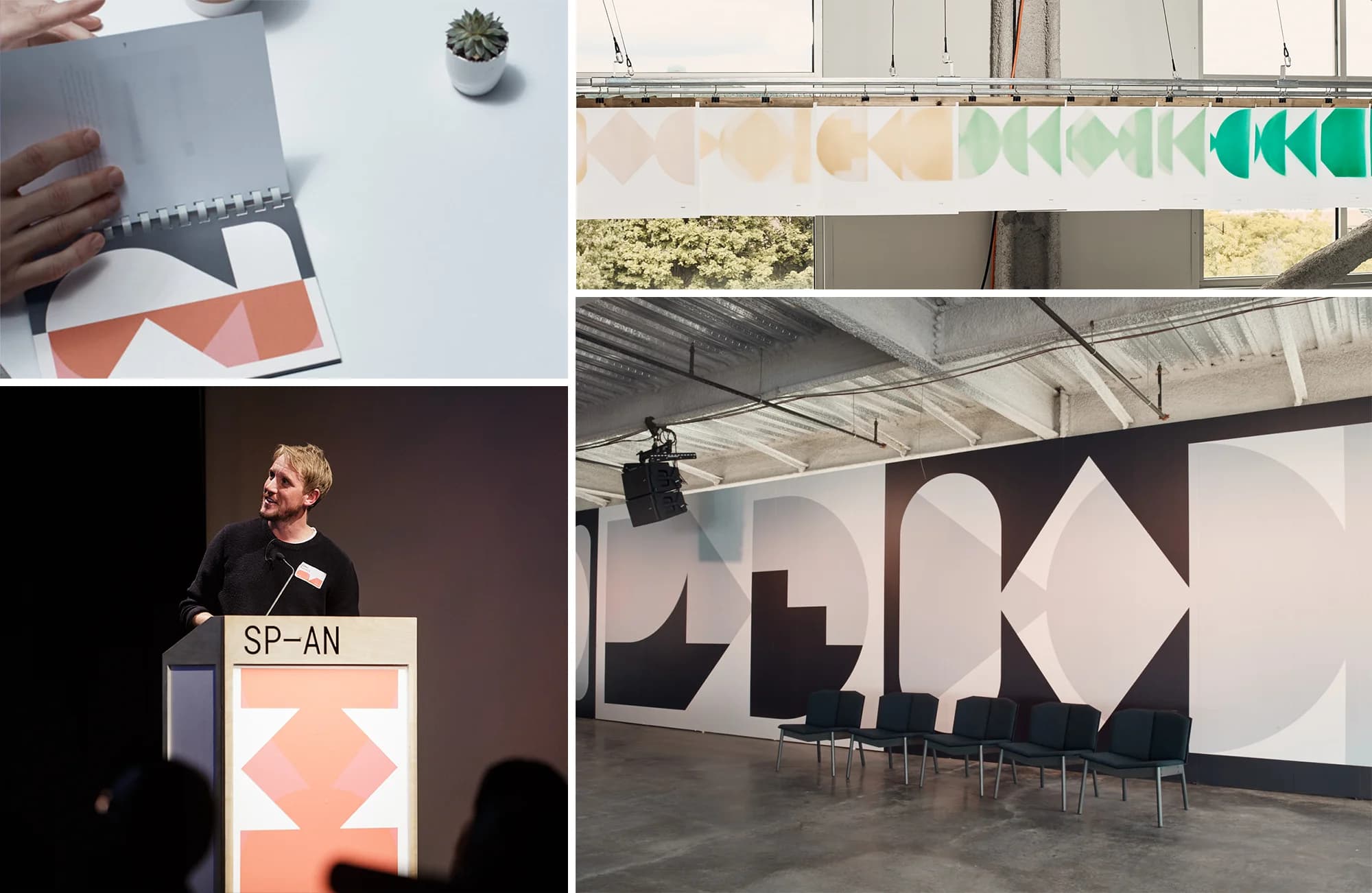 A collage featuring SP-AN’s branding: a person flipping through a booklet, geometric prints hanging, a speaker at a podium, and large-scale wall graphics.