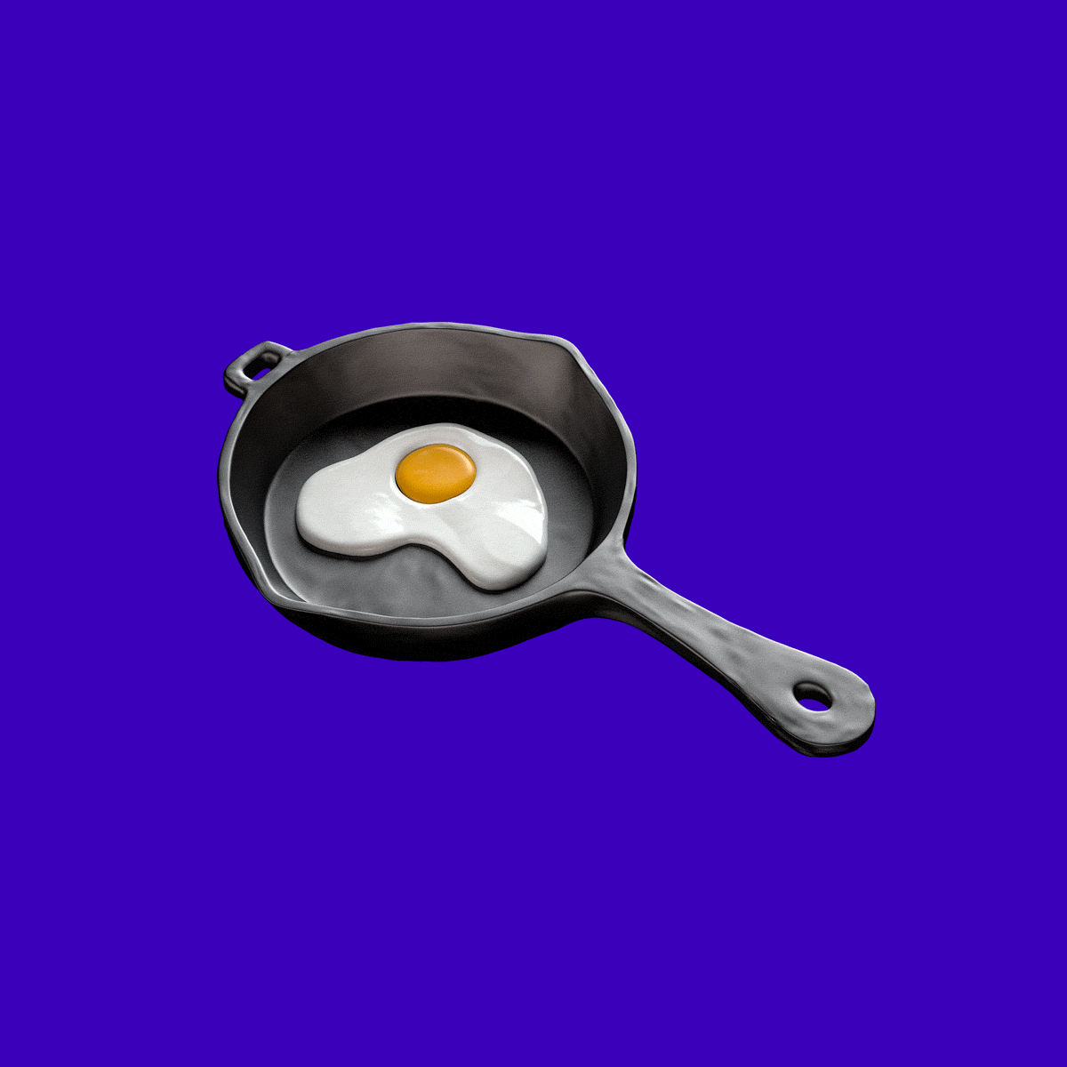 A cartoonish fried egg cooks in a small cast iron skillet.