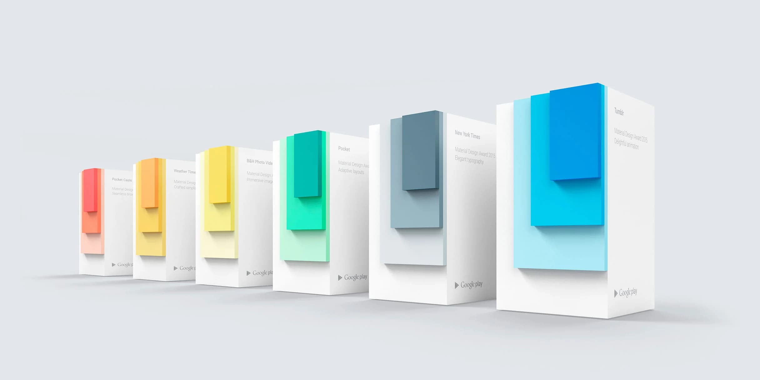 Seven rectangular prisms illustrate Material Design awards. Each prism features a colorful tab and app details.