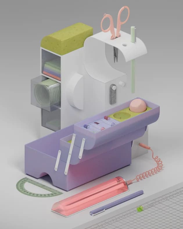 Pastel desk organizer with drawers, shelves, and compartments holds scissors, writing utensils, and other supplies.