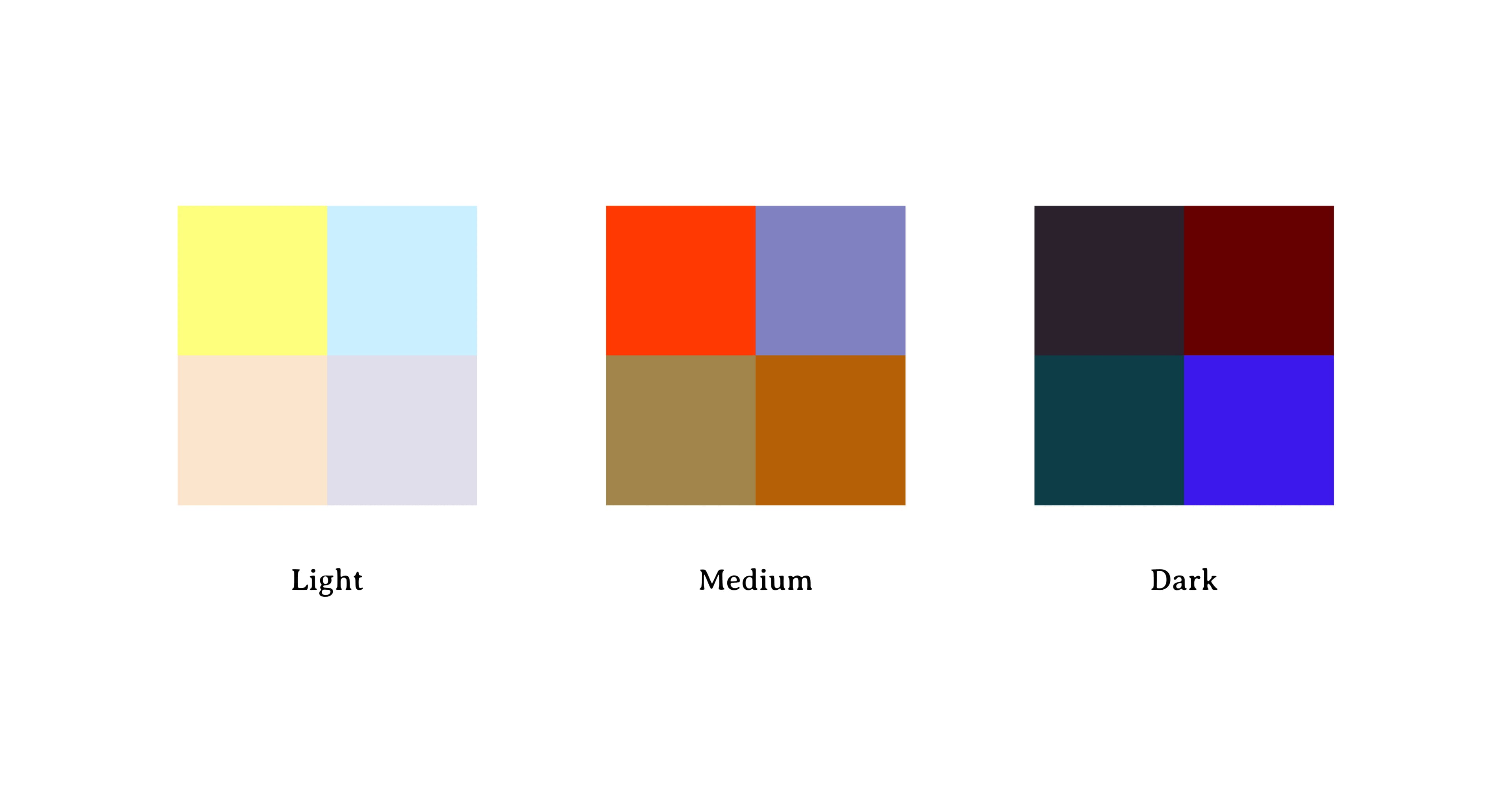 Three four-up color swatches demonstrate relatedness via lightness.