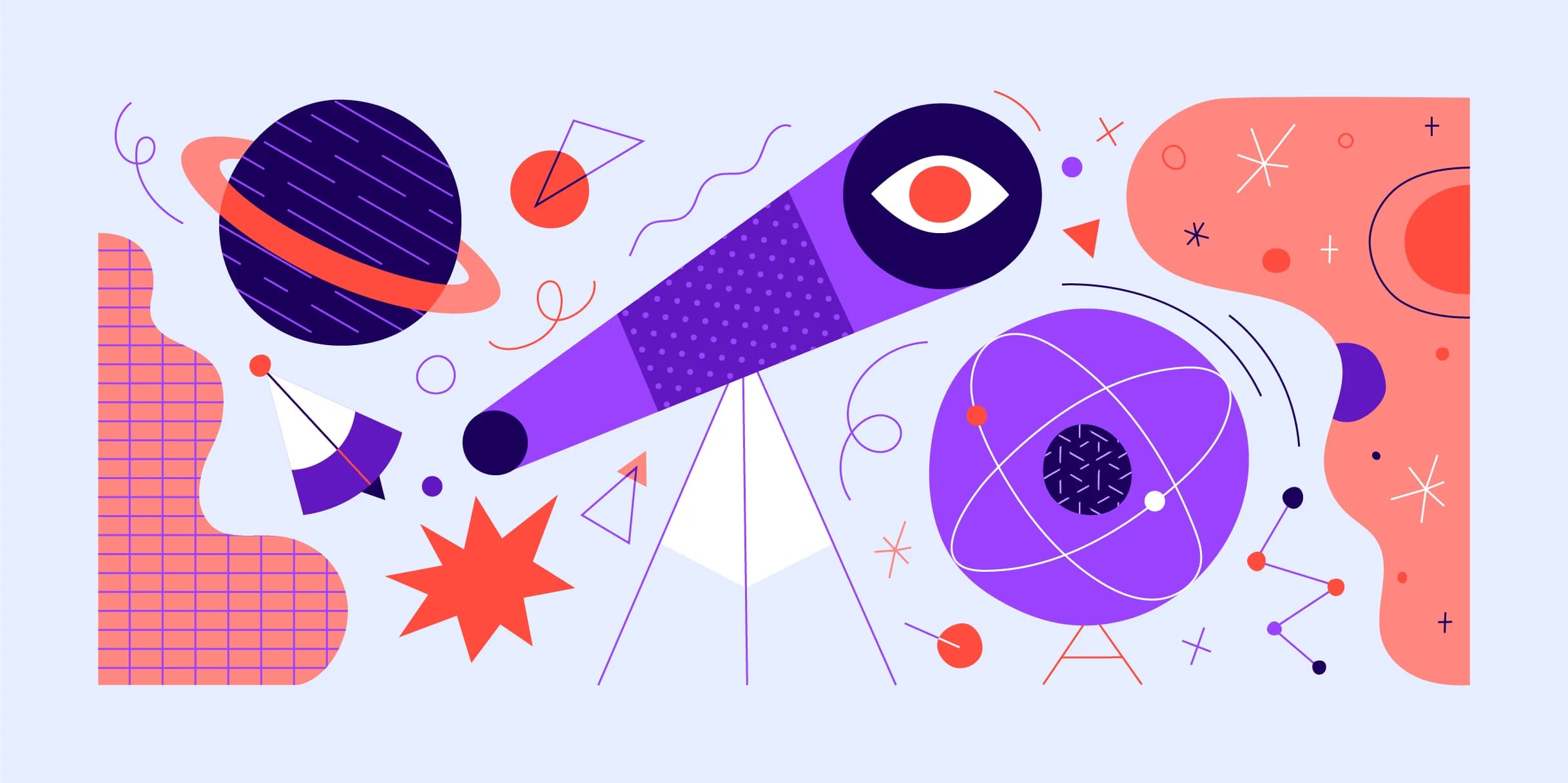 Purple telescope points toward atom and planet. Geometric shapes, stars, and squiggly lines decorate the light purple background.