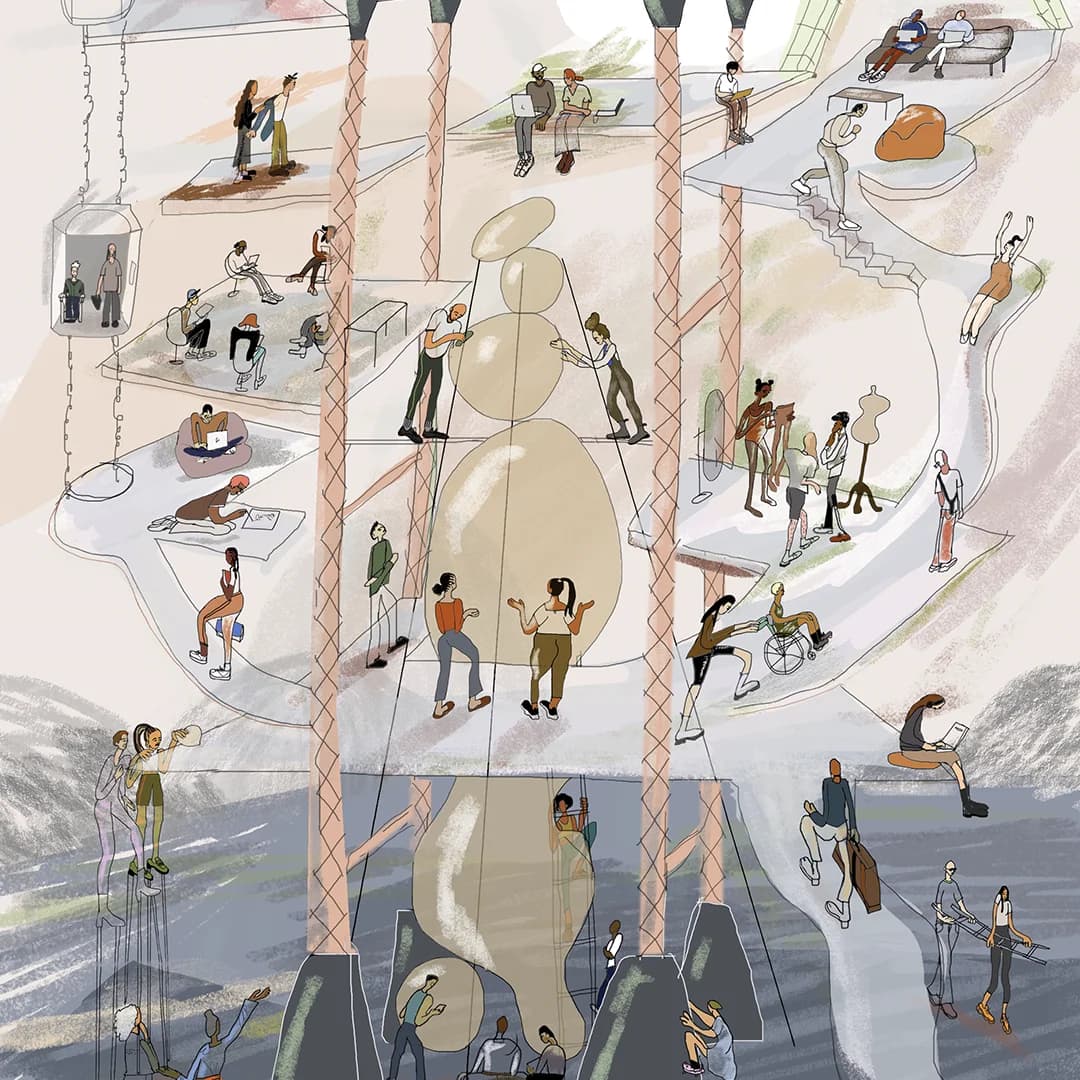 People occupy various levels of a multi-tiered structure, connected by walkways, stairs, and a hanging gondola.