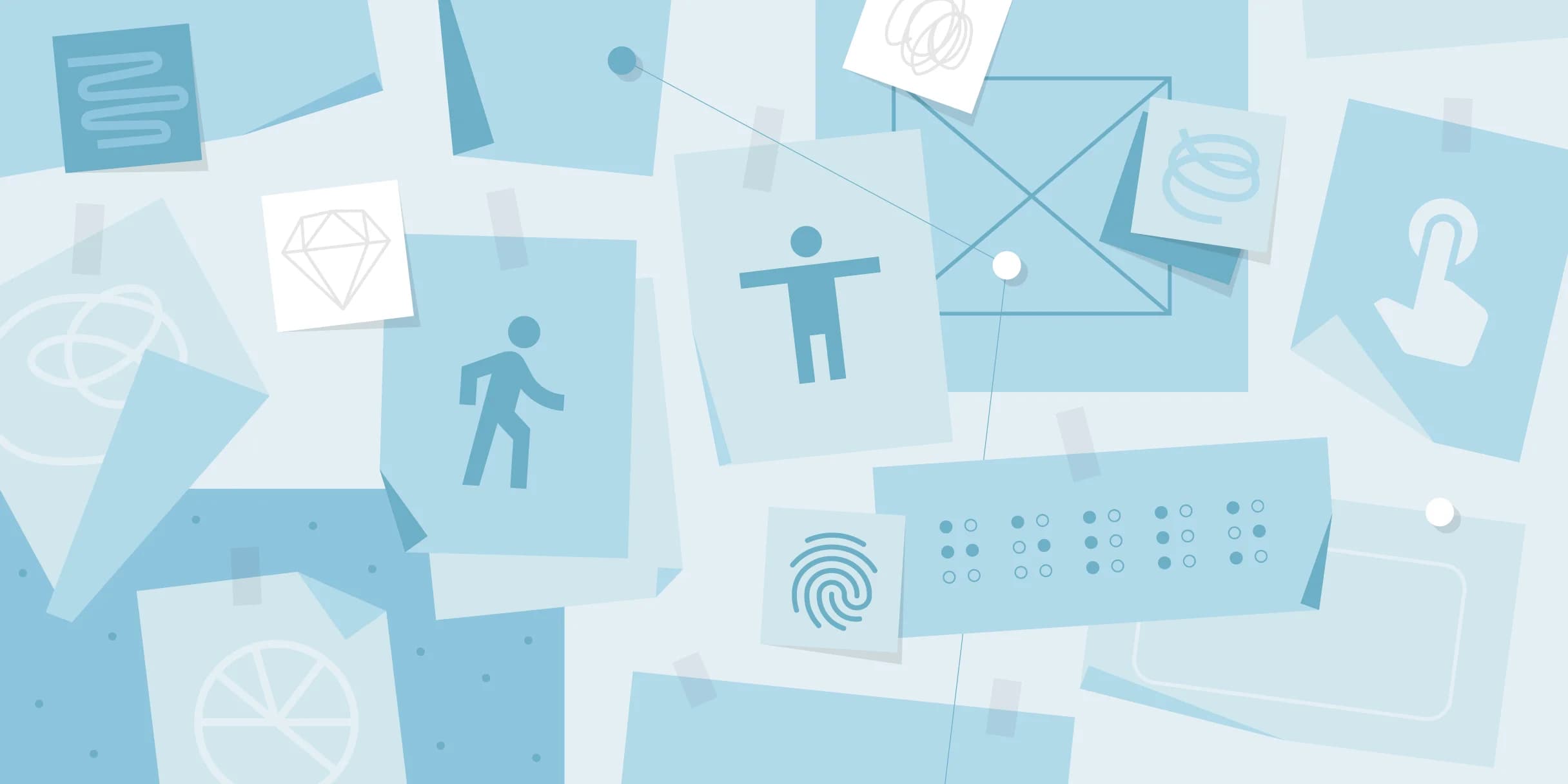 Sticky notes, sketches, and symbols in light blue represent brainstorming accessibility features in product design.