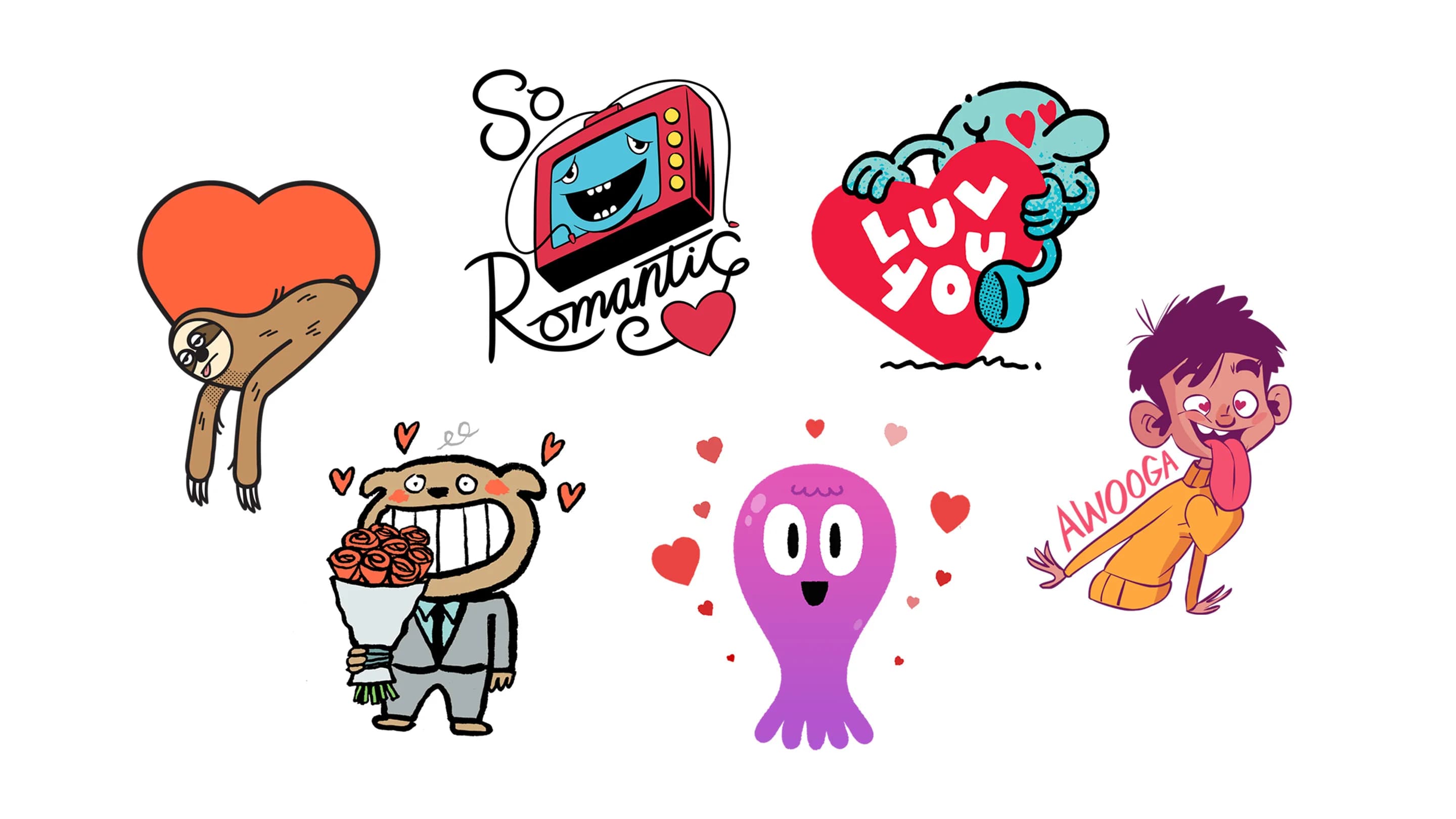 Whimsical cartoon characters celebrate love. A sloth, TV, heart, dog, ghost, and kid express affection with hearts, roses, and "Awoonga!"