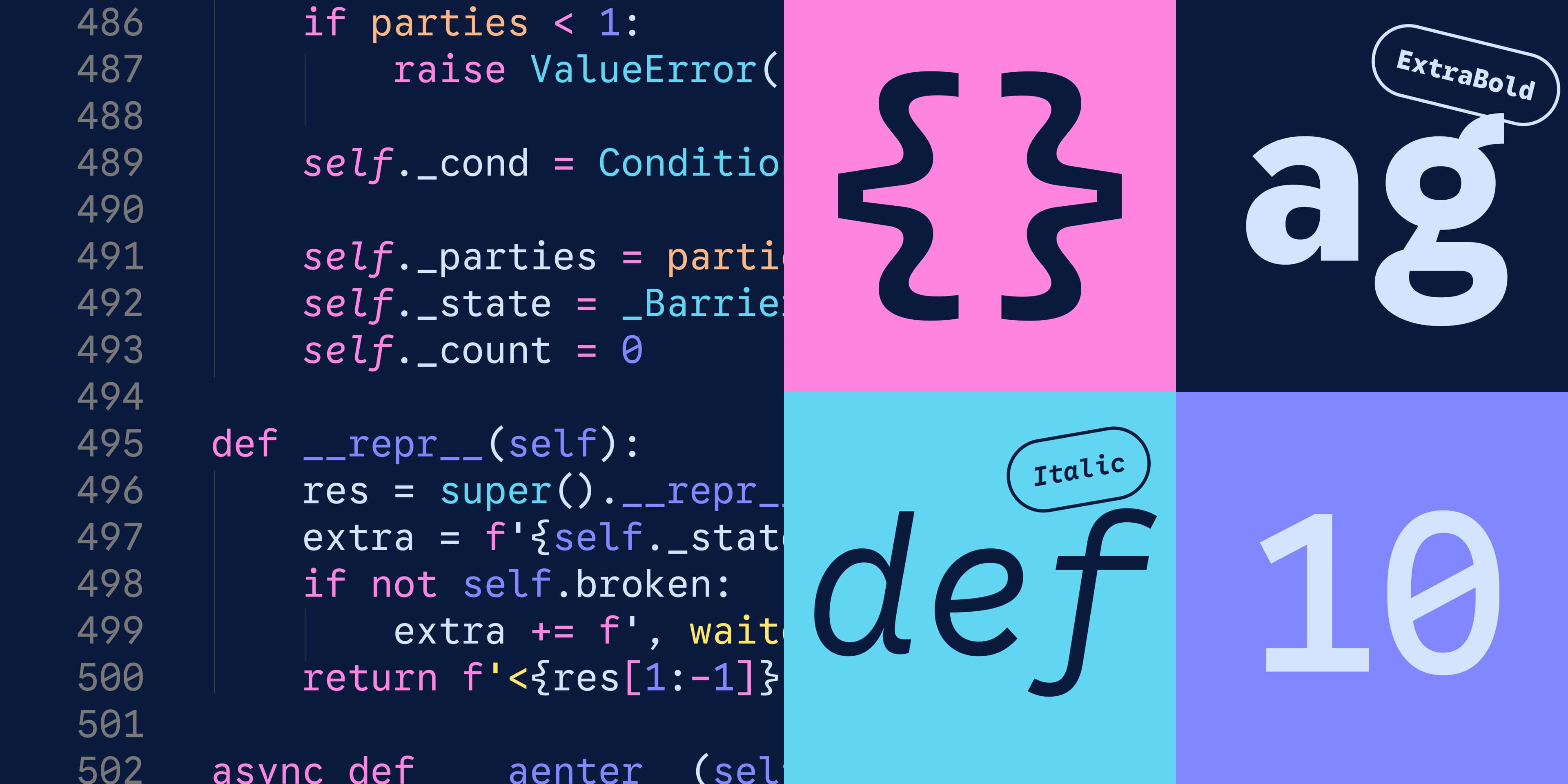 Split screen showing Google Sans Code in a code editor on one side and examples of different characters and style treatments on the other.