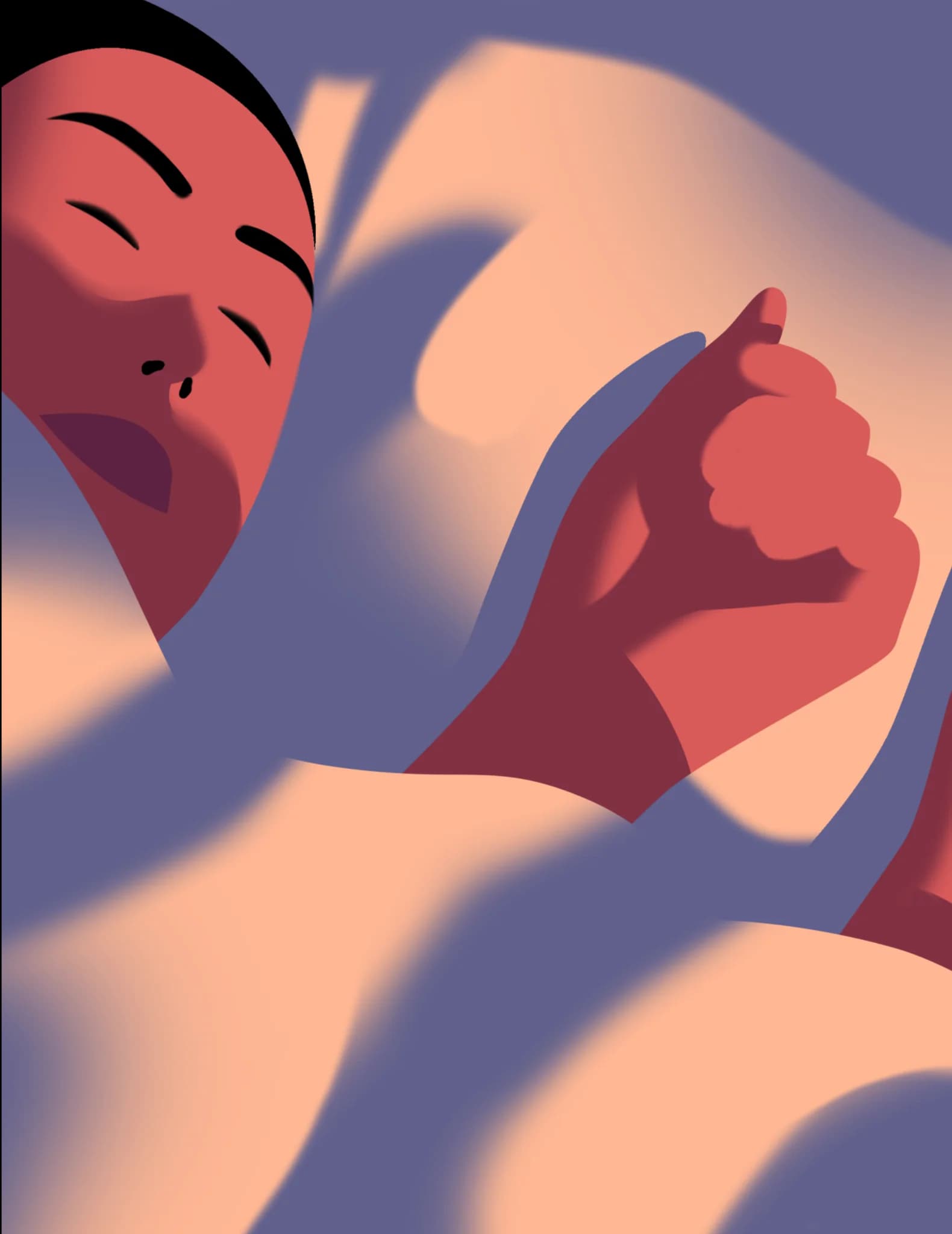 Close-up of a person sleeping peacefully under covers. Peach and periwinkle hues create a soft, dreamy atmosphere.