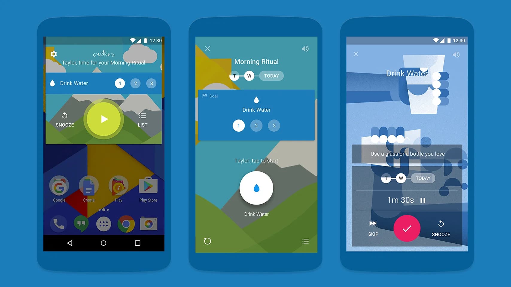 Three screens display a habit-tracking app reminding Taylor to drink water. Options include snooze, start, goal tracking, and drink logging.