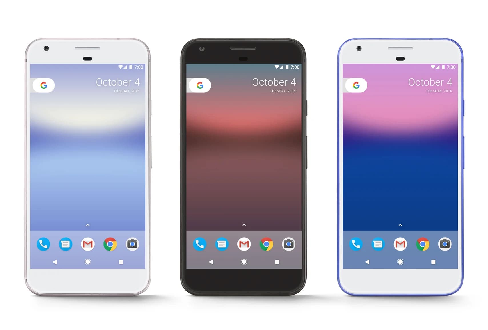 Three Google Pixel smartphones in silver/white, black, and blue.
