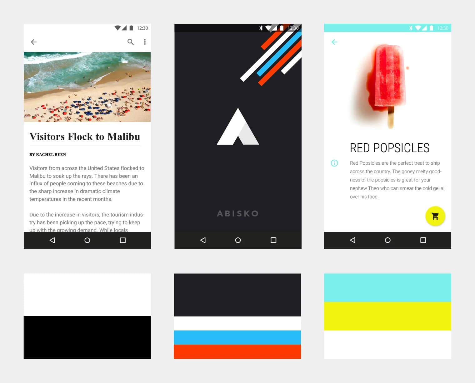 Three screens display a news app, splash page, & e-commerce app. The color palettes coordinate across screens.