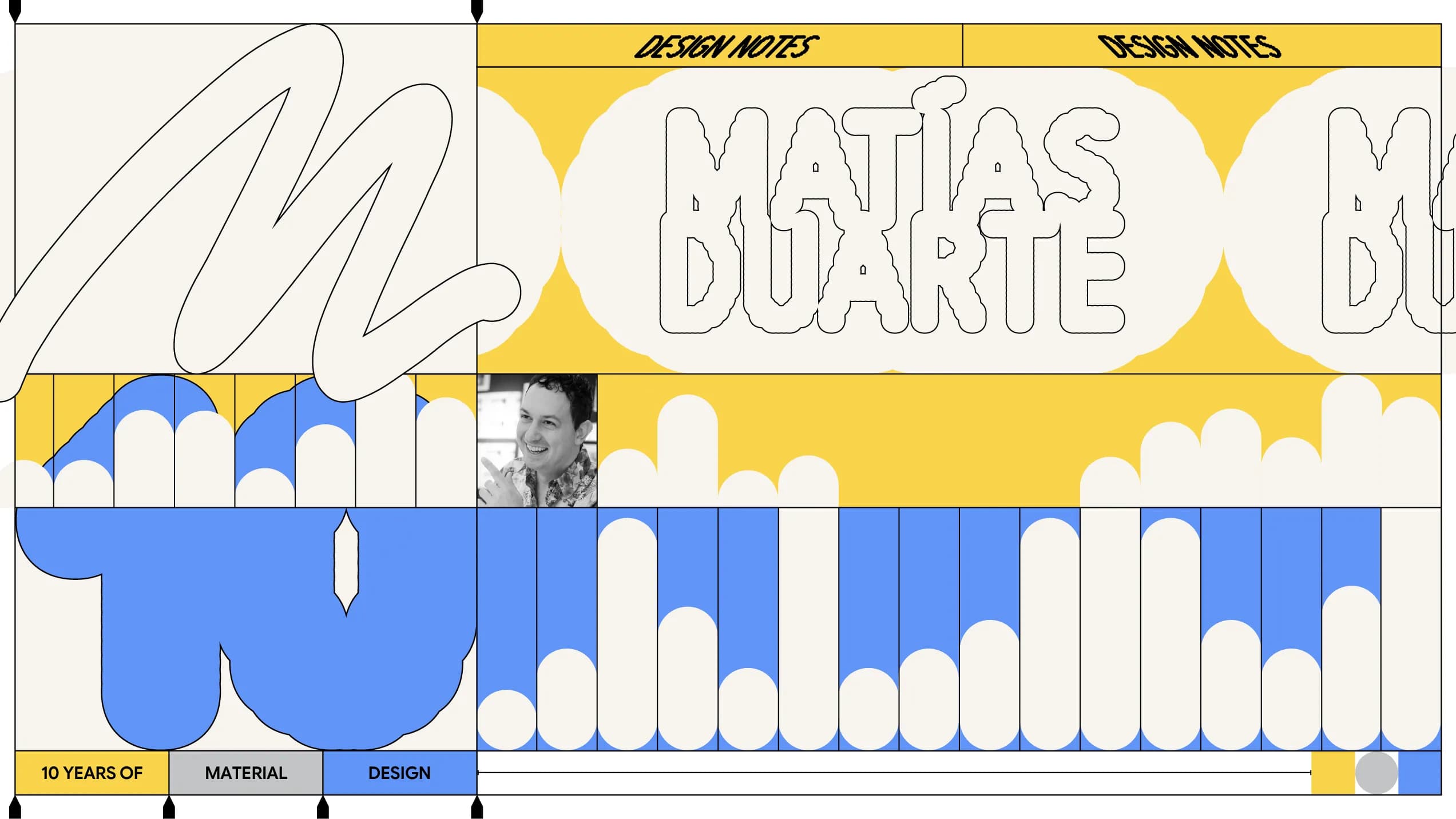 Matias Duarte's 10 years of Material Design at Google are celebrated with a stylized graphic featuring his name, photo, and a timeline of his work.